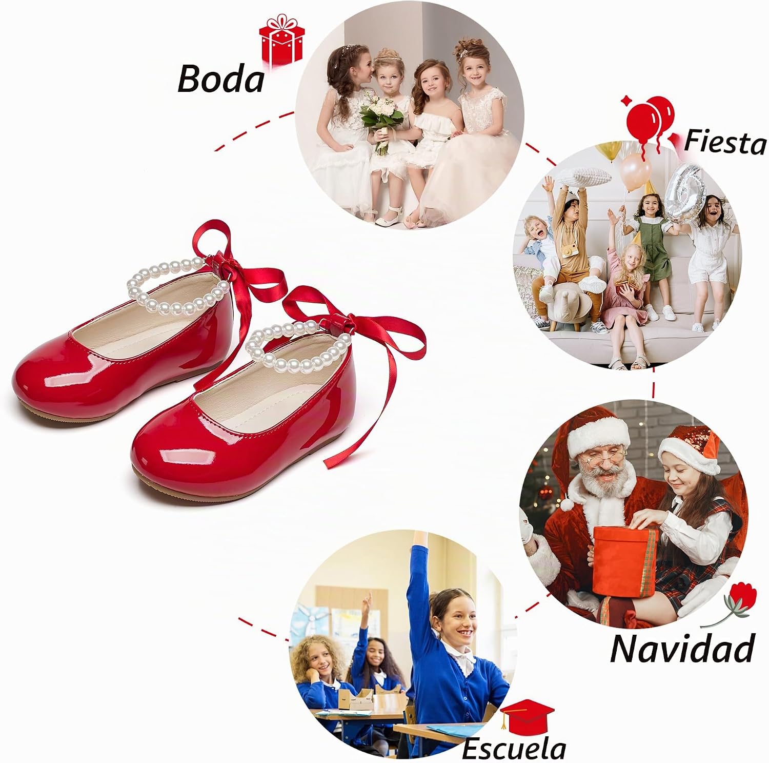 ZAPATOS BAILARINAS PHIRAMIN NIÑA CON CORREA DE PERLAS ROJO TALLA 23 - 4