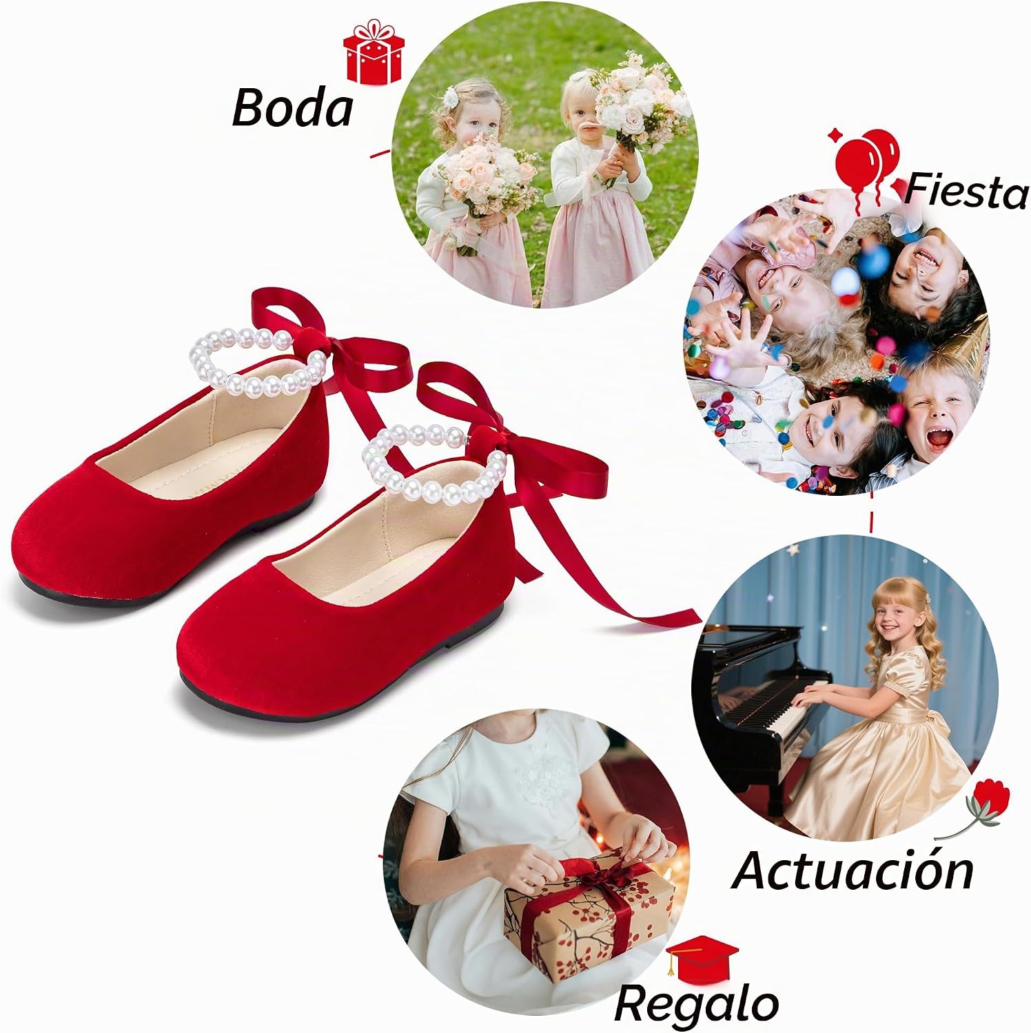 ZAPATOS PLANOS PHIRAMIN NIÑA FLORES TERCIOPELO ROJO CORREA PERLA - 4