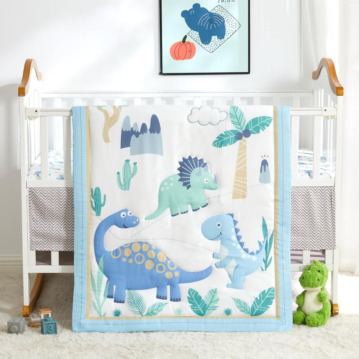 SET DE CAMA PARA CUNA MINI WOWELIFE DISEÑO DINOSAURIOS AZUL CLARO 3 PIEZAS - 1