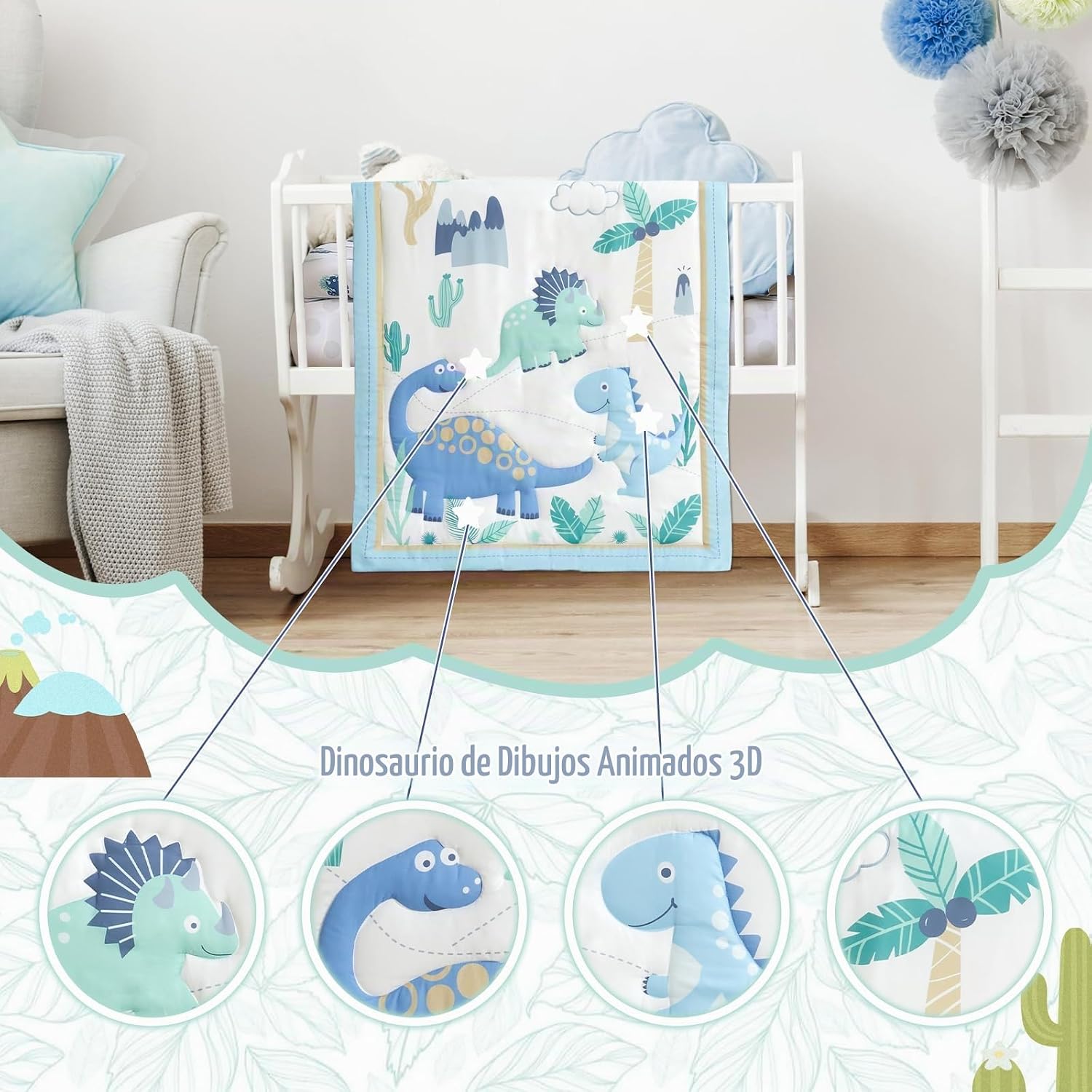 SET DE CAMA PARA CUNA MINI WOWELIFE DISEÑO DINOSAURIOS AZUL CLARO 3 PIEZAS - 3