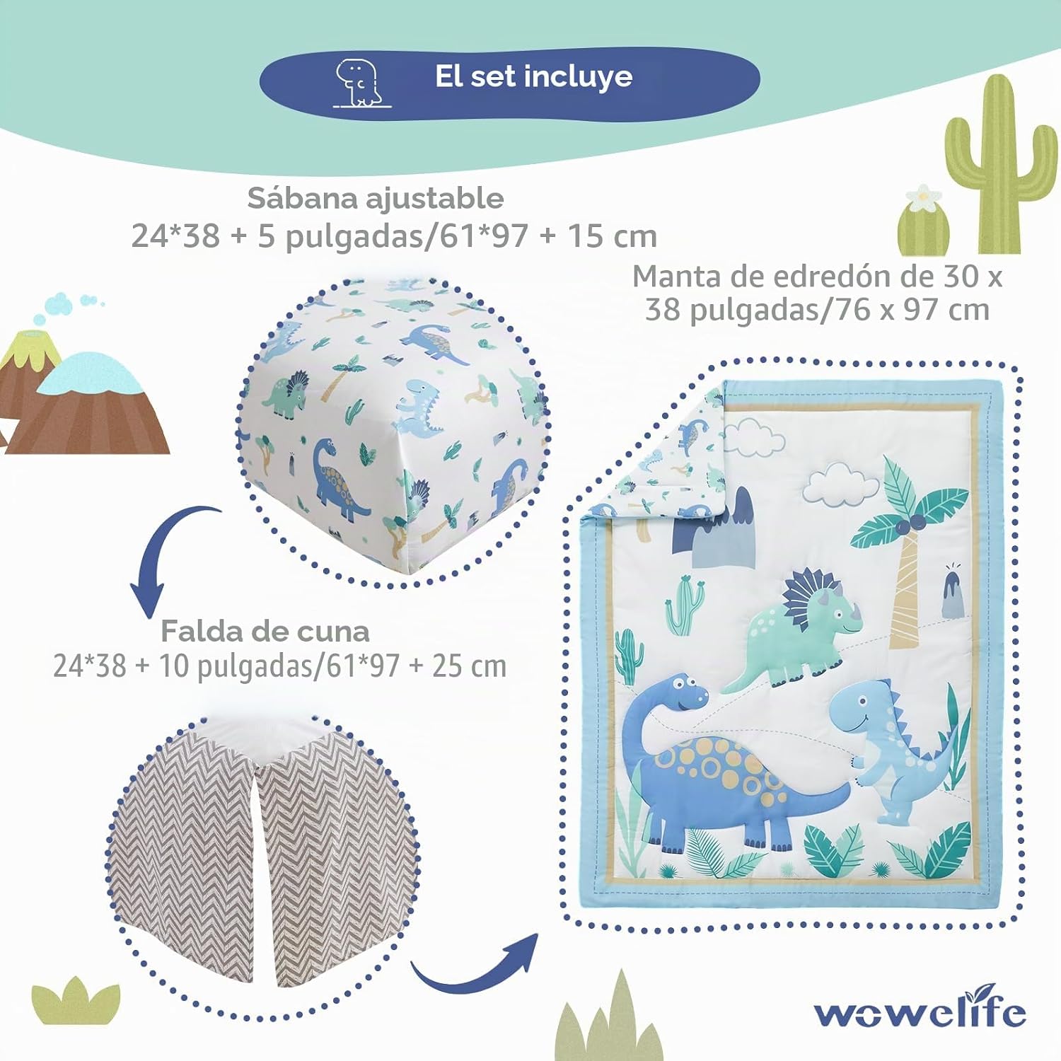 SET DE CAMA PARA CUNA MINI WOWELIFE DISEÑO DINOSAURIOS AZUL CLARO 3 PIEZAS - 5