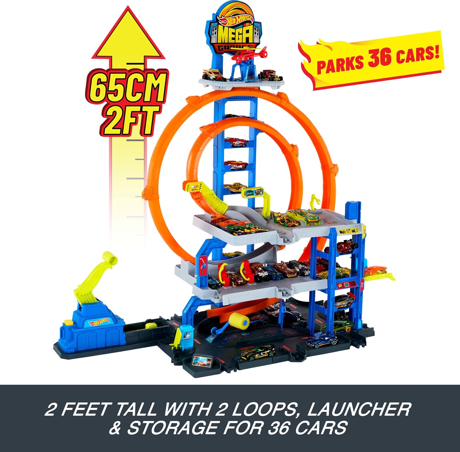 HOT WHEELS MEGA LOOP GARAGE TRACK SET CON AUTO Y HELICÓPTERO DE JUGUETE - 3