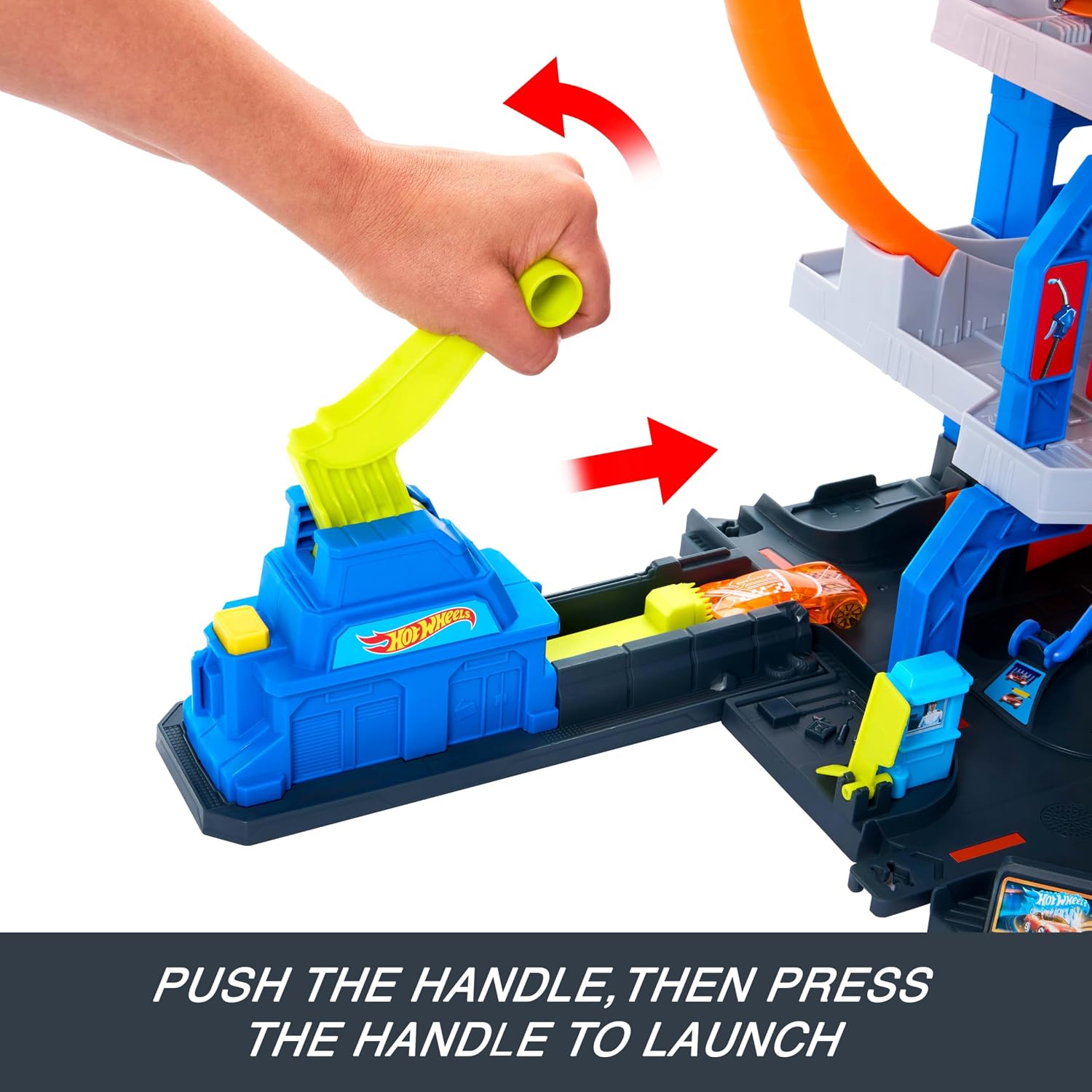 HOT WHEELS MEGA LOOP GARAGE TRACK SET CON AUTO Y HELICÓPTERO DE JUGUETE - 4