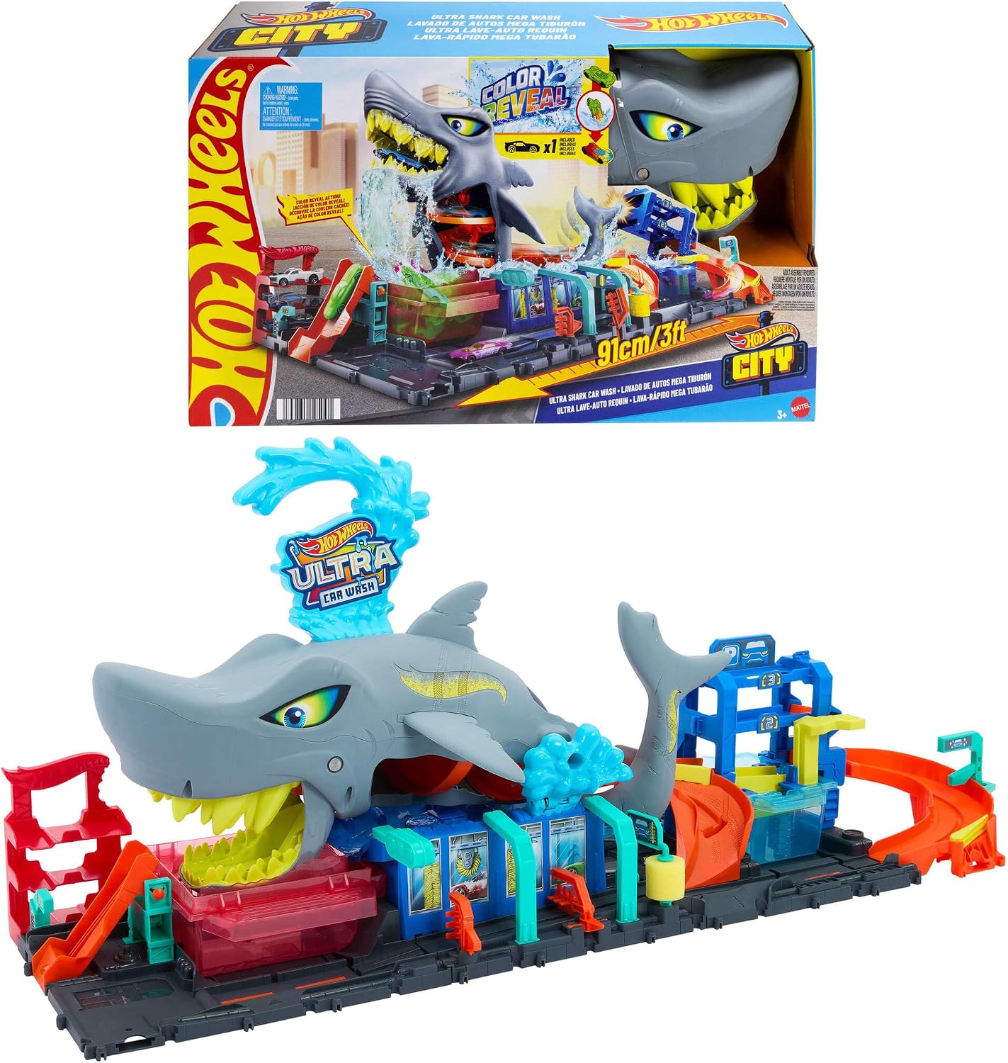 HOT WHEELS CITY ULTRA SHARK CAR WASH VEHÍCULO COLOR REVEAL - 1