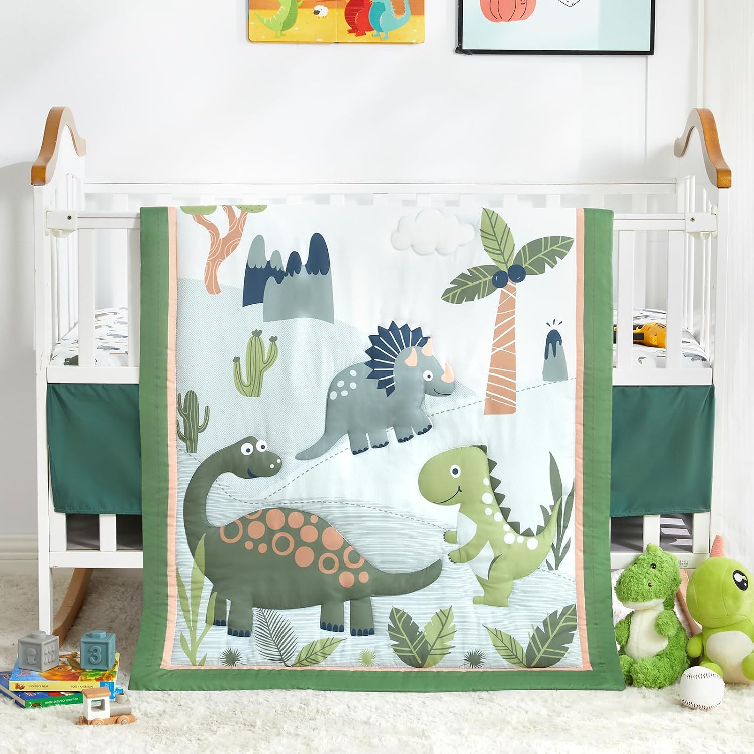 SET DE CAMA PARA CUNA MINI WOWELIFE DISEÑO DINOSAURIOS VERDE 3 PIEZAS - 1