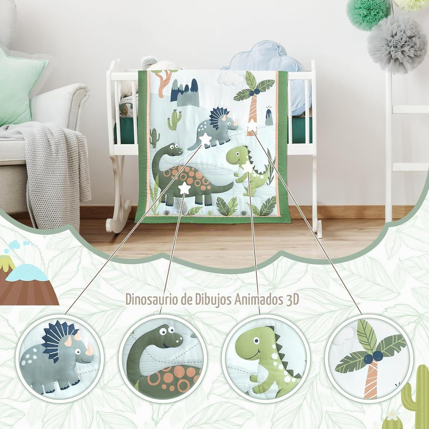 SET DE CAMA PARA CUNA MINI WOWELIFE DISEÑO DINOSAURIOS VERDE 3 PIEZAS - 3