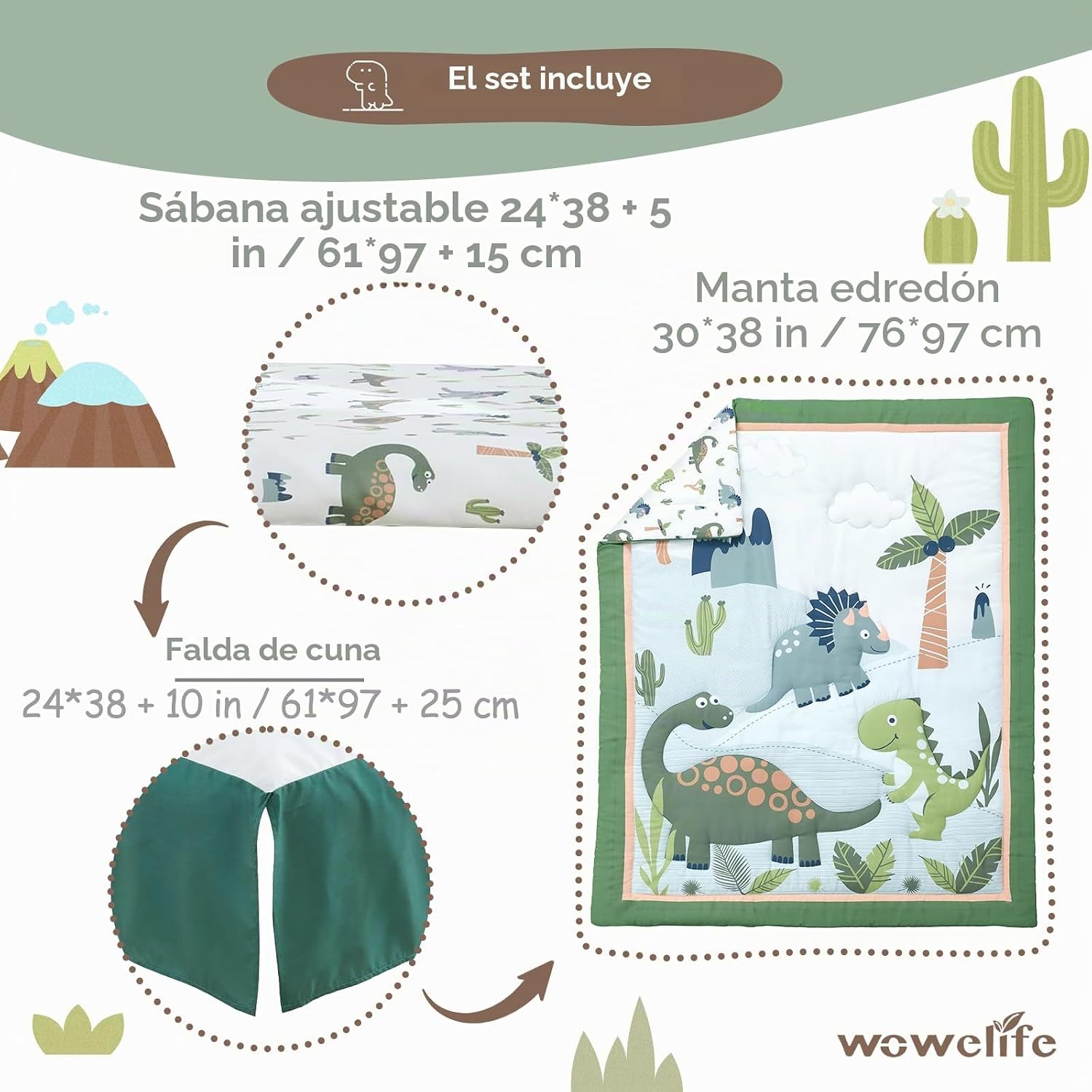 SET DE CAMA PARA CUNA MINI WOWELIFE DISEÑO DINOSAURIOS VERDE 3 PIEZAS - 5