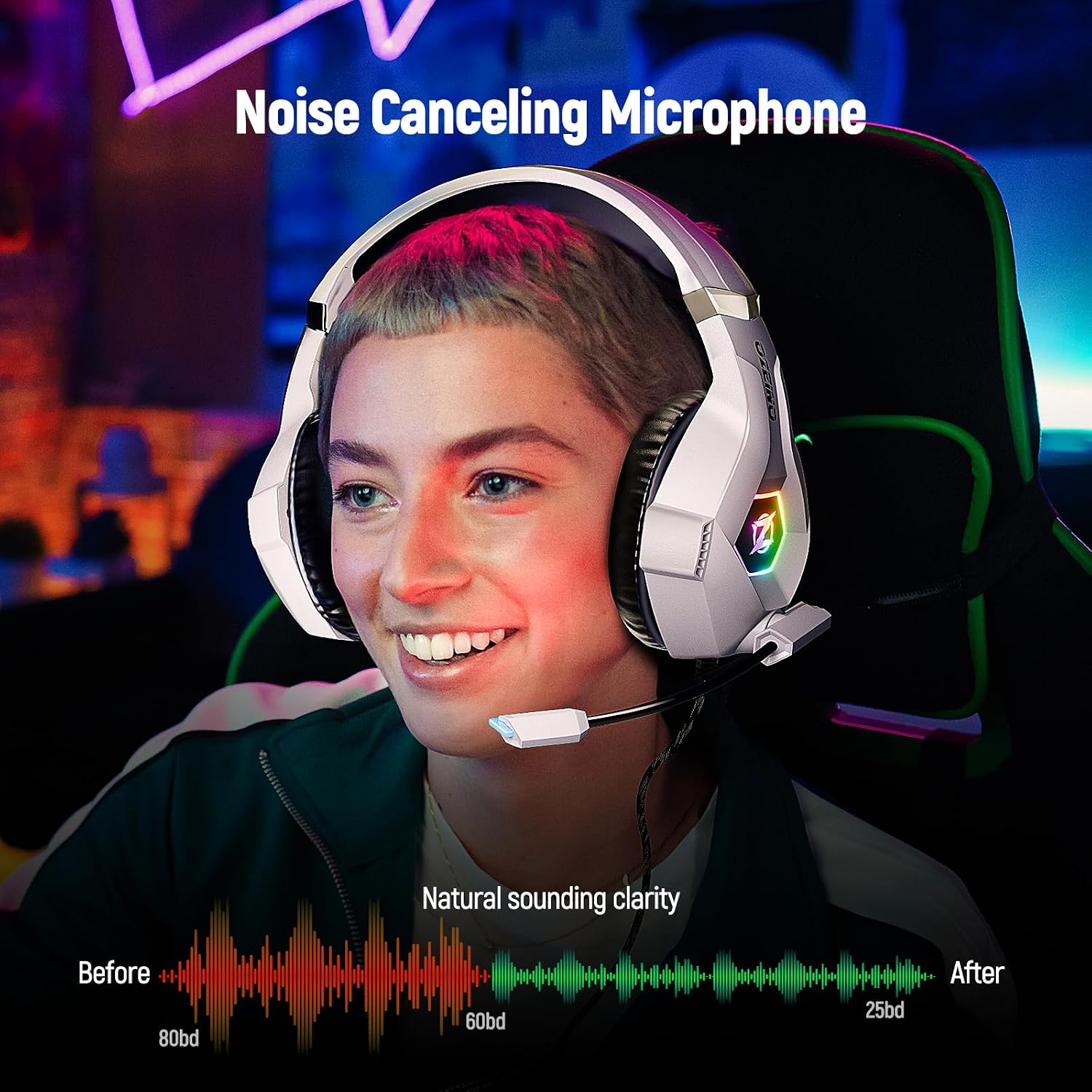 HEADSET GAMING OZEINO 7.1 SURROUND SOUND CON MICRÓFONO CANCELADOR DE RUIDO Y LUZ RGB BLANCO - 2