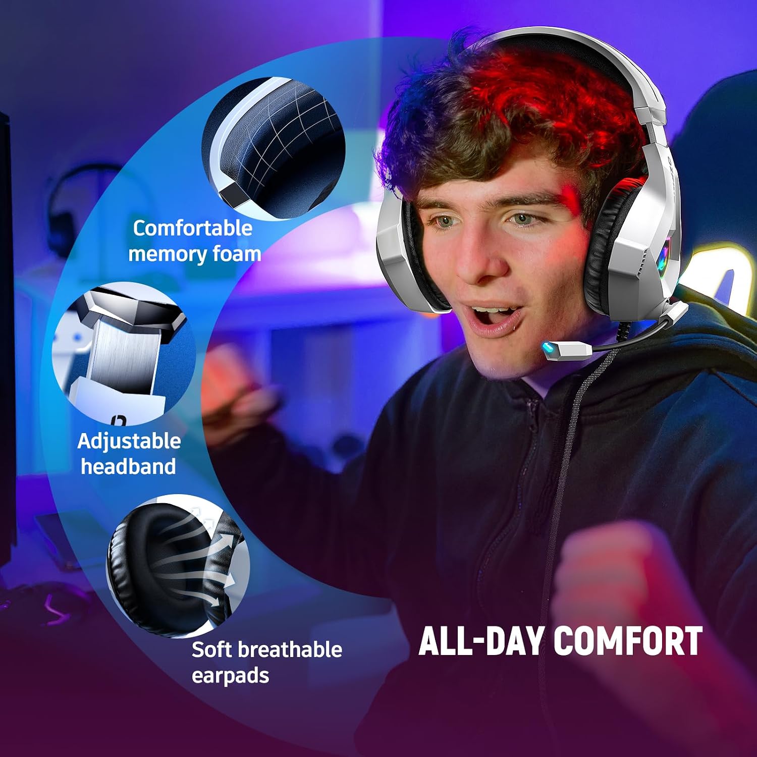 HEADSET GAMING OZEINO 7.1 SURROUND SOUND CON MICRÓFONO CANCELADOR DE RUIDO Y LUZ RGB BLANCO - 4