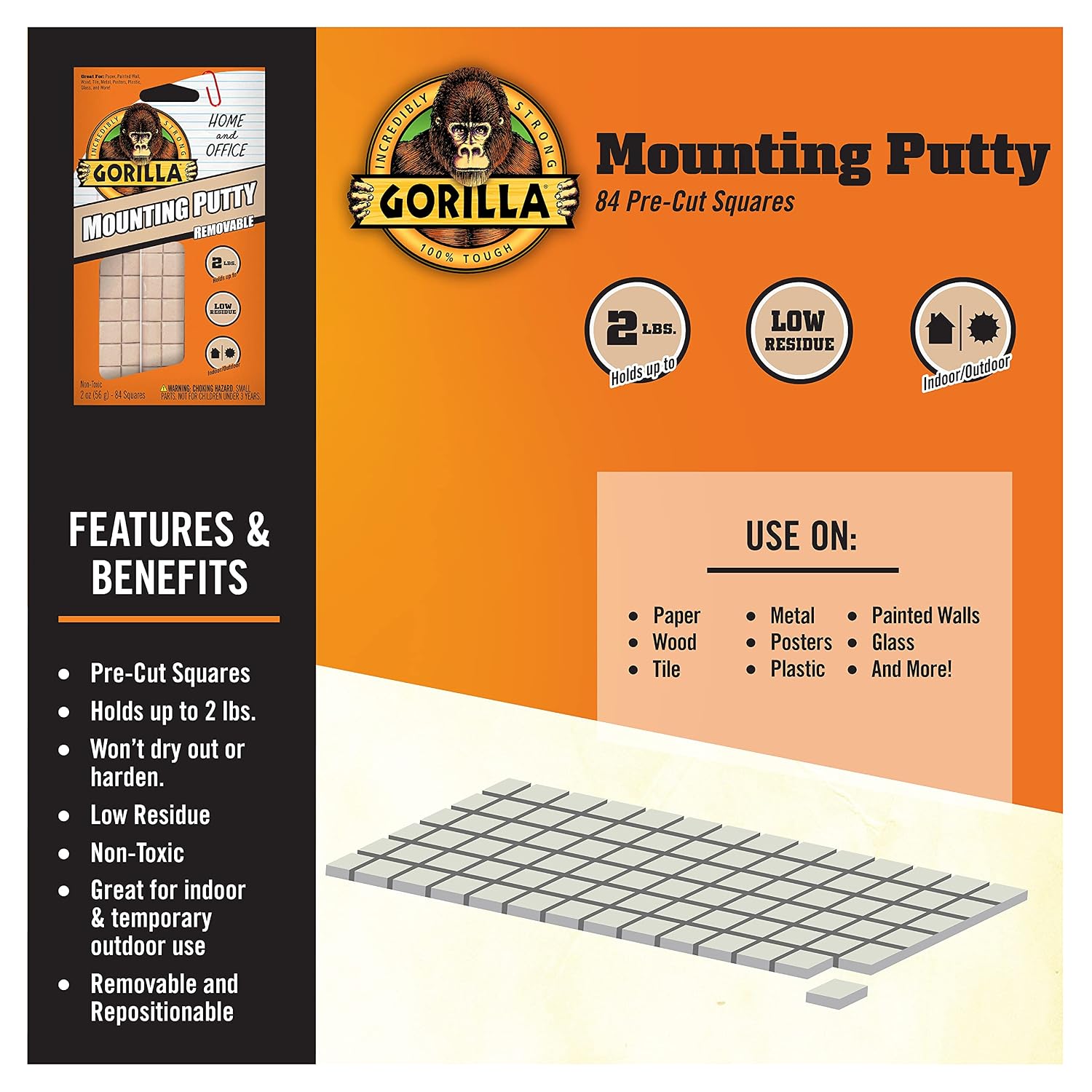 NOTAS ADHESIVAS GORILLA MOUNTING PUTTY COLOR BEIGE NATURAL 84 CUADRADOS - 5