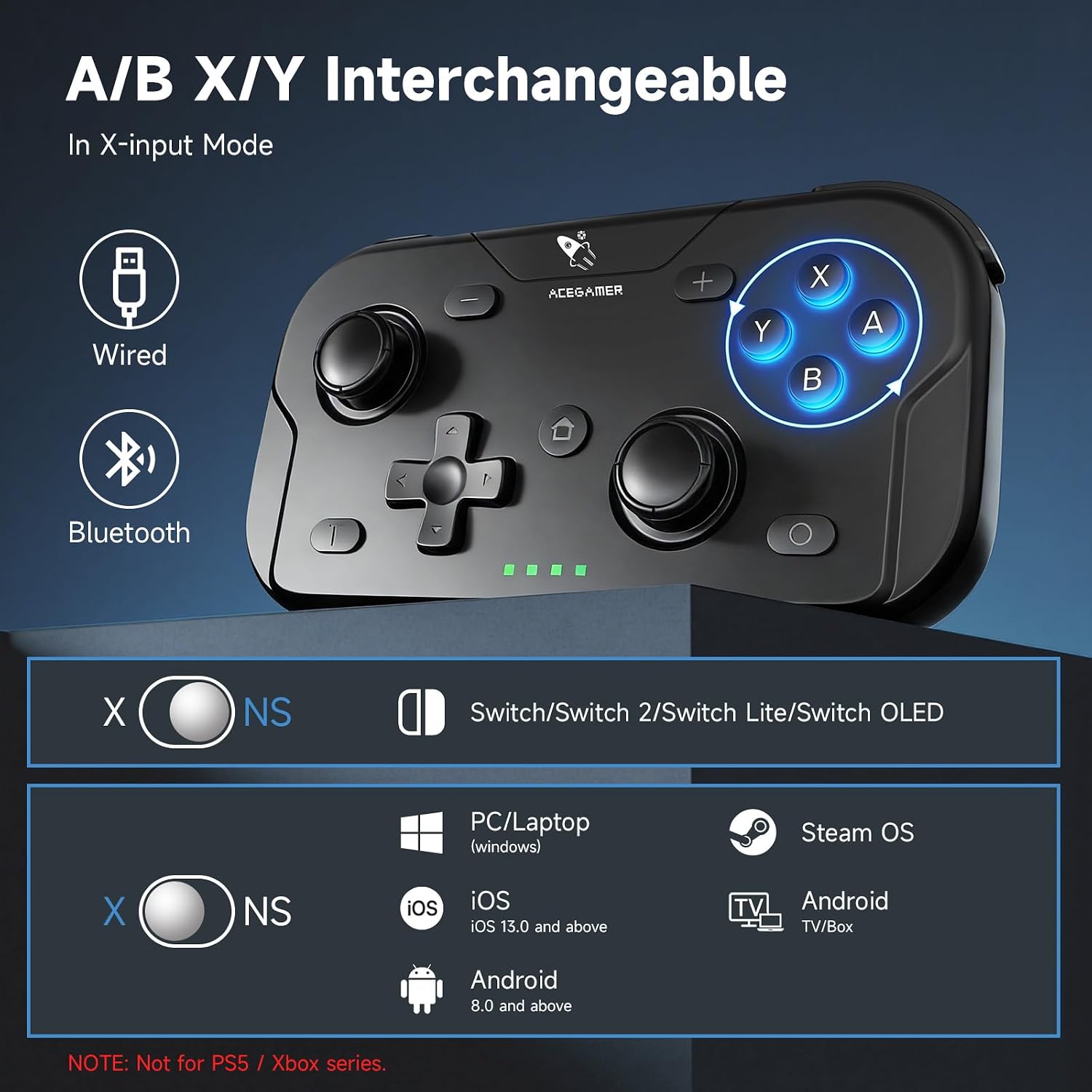 CONTROL INALÁMBRICO ACEGAMER POCKET PARA NINTENDO SWITCH, SWITCH 2, ANDROID, IOS, PC Y STEAM DECK NEGRO - 4