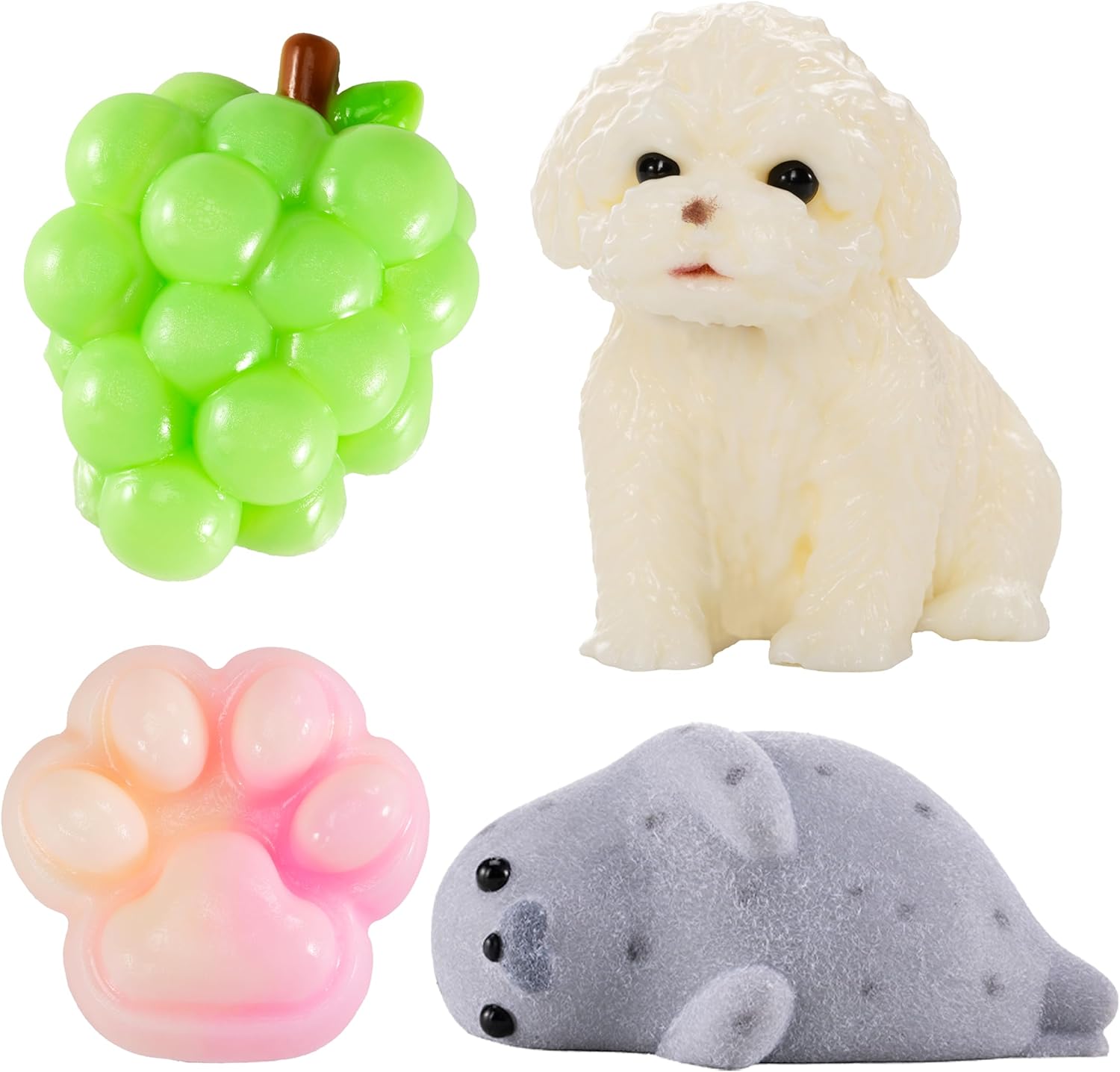 SQUISHY DE SILICONA QCROAD ANIMAL HECHO A MANO 4 PIEZAS CACHORRO FOCA GATO UVA - 1