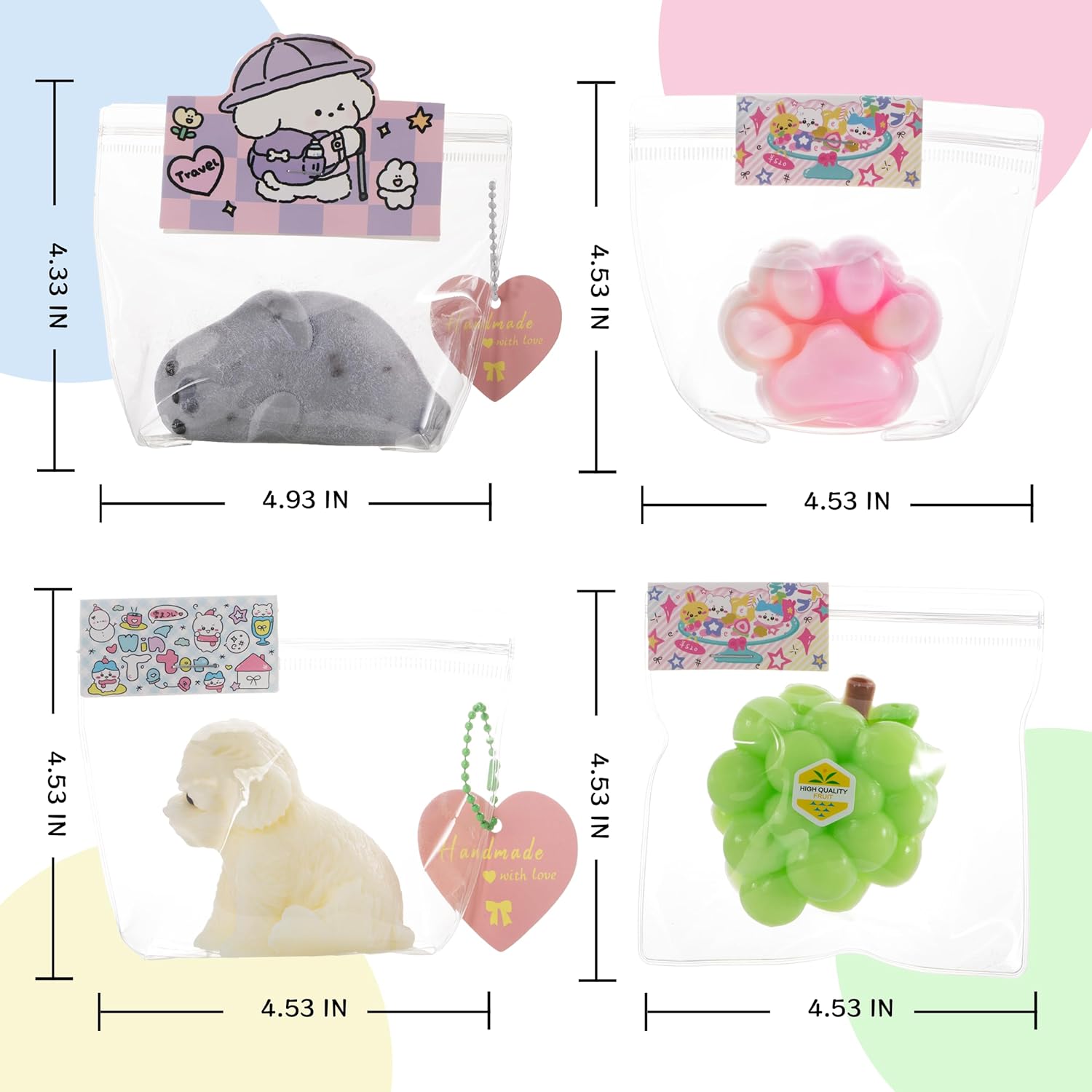 SQUISHY DE SILICONA QCROAD ANIMAL HECHO A MANO 4 PIEZAS CACHORRO FOCA GATO UVA - 2
