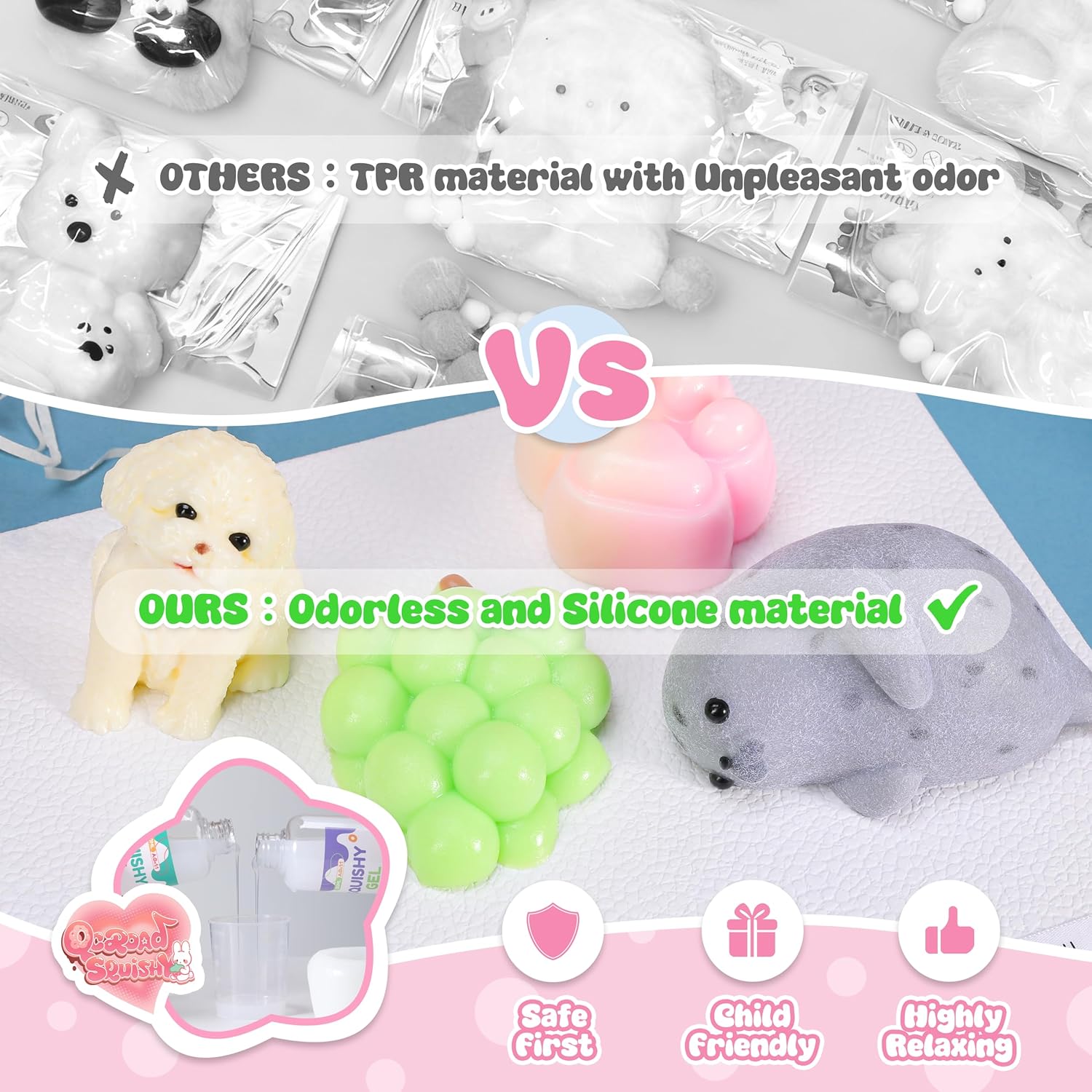 SQUISHY DE SILICONA QCROAD ANIMAL HECHO A MANO 4 PIEZAS CACHORRO FOCA GATO UVA - 4