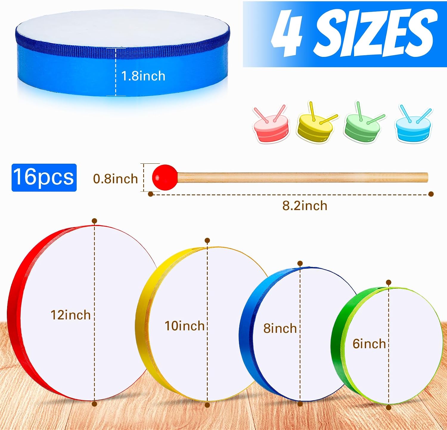 BATERÍA DE MANO BOAO 8 PIEZAS MULTICOLOR CON BAQUETAS - 2