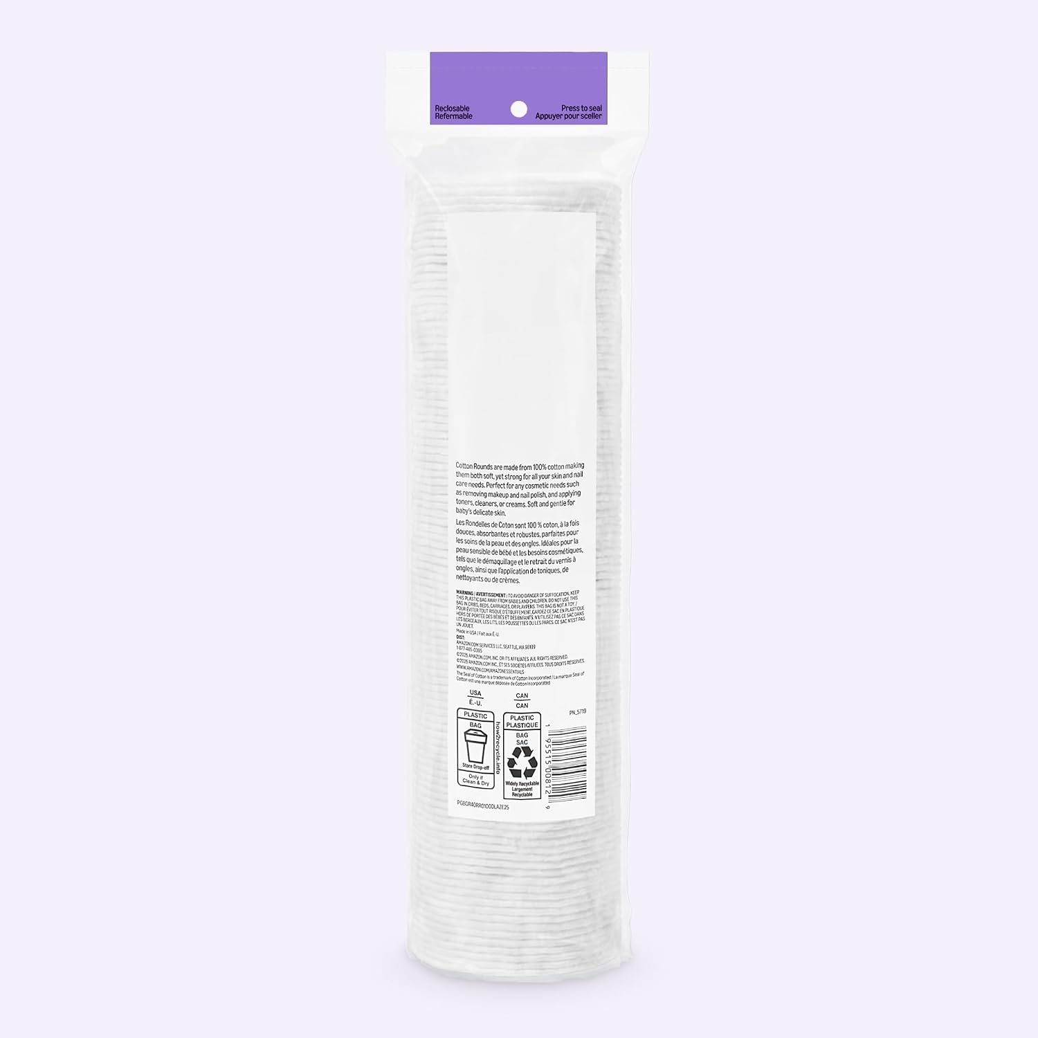 DISCOS DE ALGODÓN AMAZON ESSENTIALS HIPOALERGÉNICOS 100% ALGODÓN 600 UNIDADES - 5