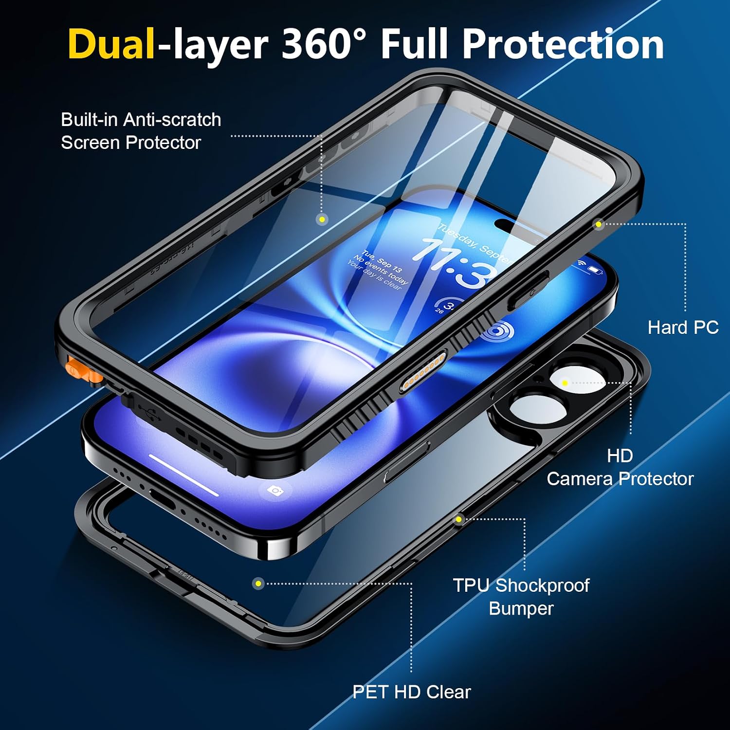CASE SPIDERCASE PARA IPHONE 16 WATERPROOF CON PROTECTOR DE PANTALLA Y LENTE INTEGRADO NEGRO - 5