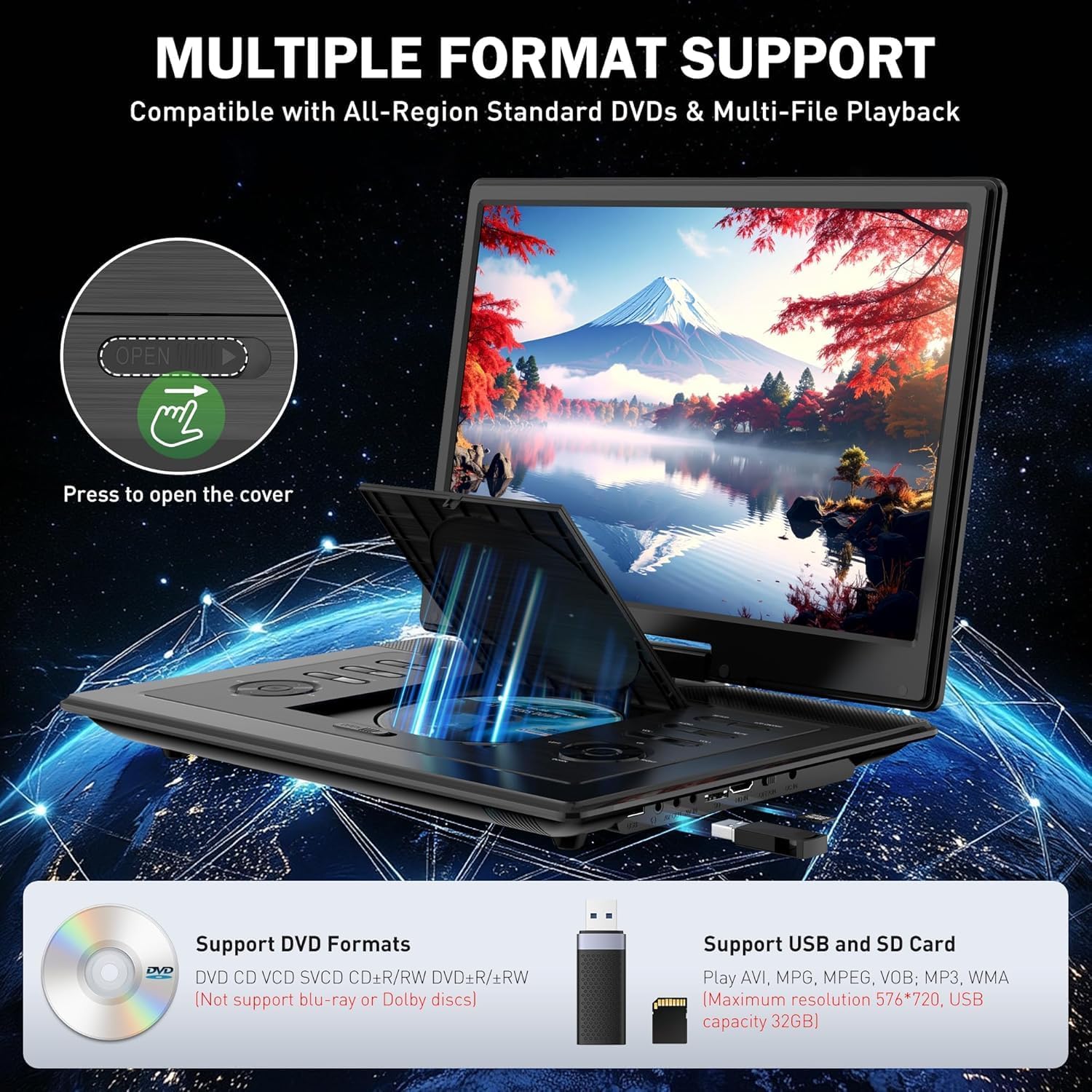 REPRODUCTOR DVD PORTÁTIL 15.4 PULGADAS CON BLUETOOTH, PANTALLA HD Y BATERÍA RECARGABLE - 4