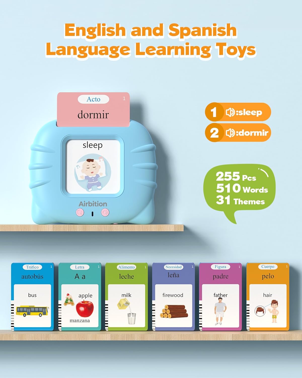 TARJETAS DIDÁCTICAS PARLANTES AIRBITION BILINGÜES ESPAÑOL-INGLÉS 510 PALABRAS AZUL - 2