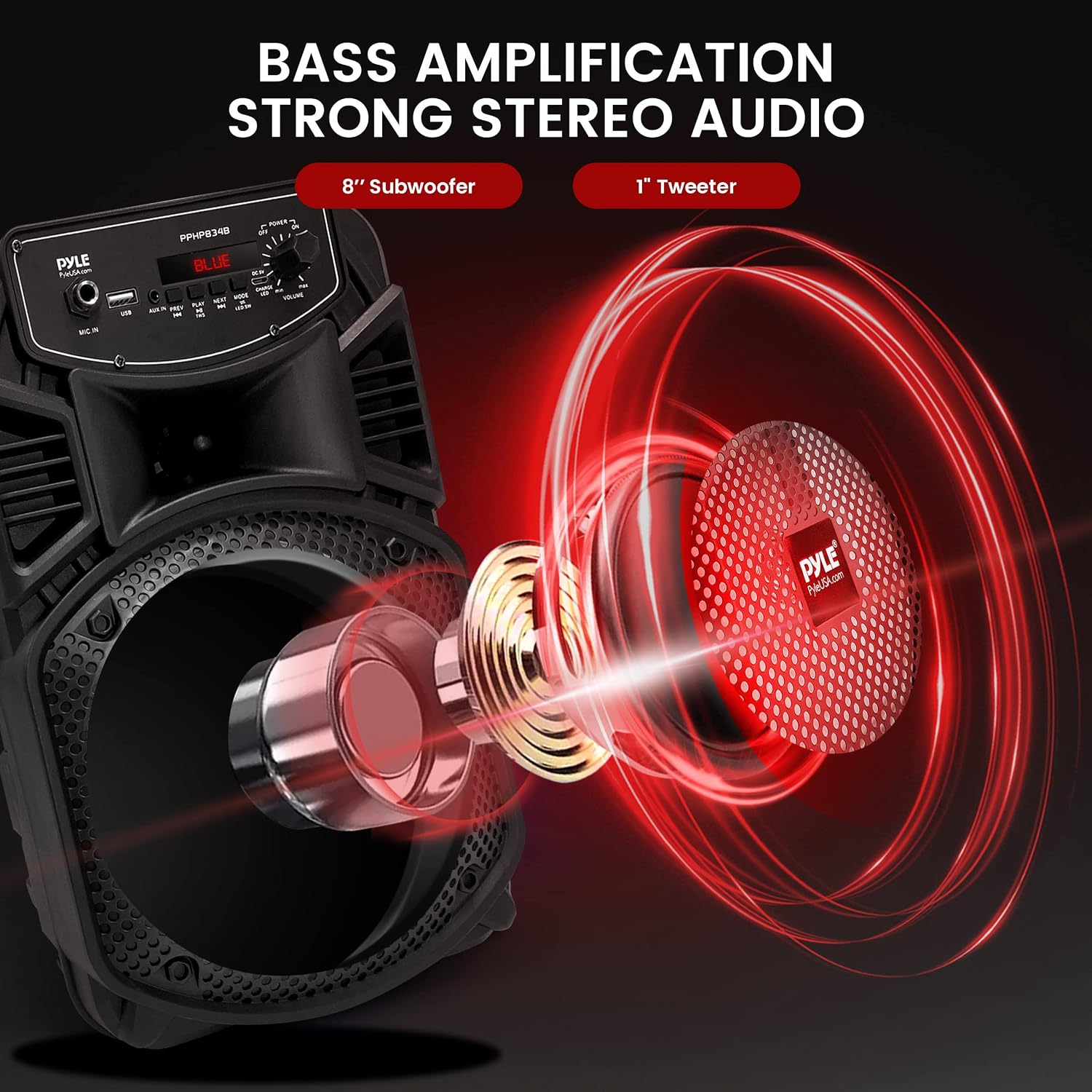 PARLANTE PORTÁTIL PYLE 8' BLUETOOTH 300W CON LUCES LED Y BATERÍA RECARGABLE - 2