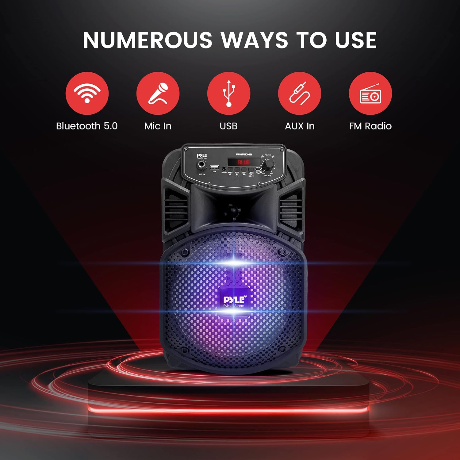 PARLANTE PORTÁTIL PYLE 8' BLUETOOTH 300W CON LUCES LED Y BATERÍA RECARGABLE - 3