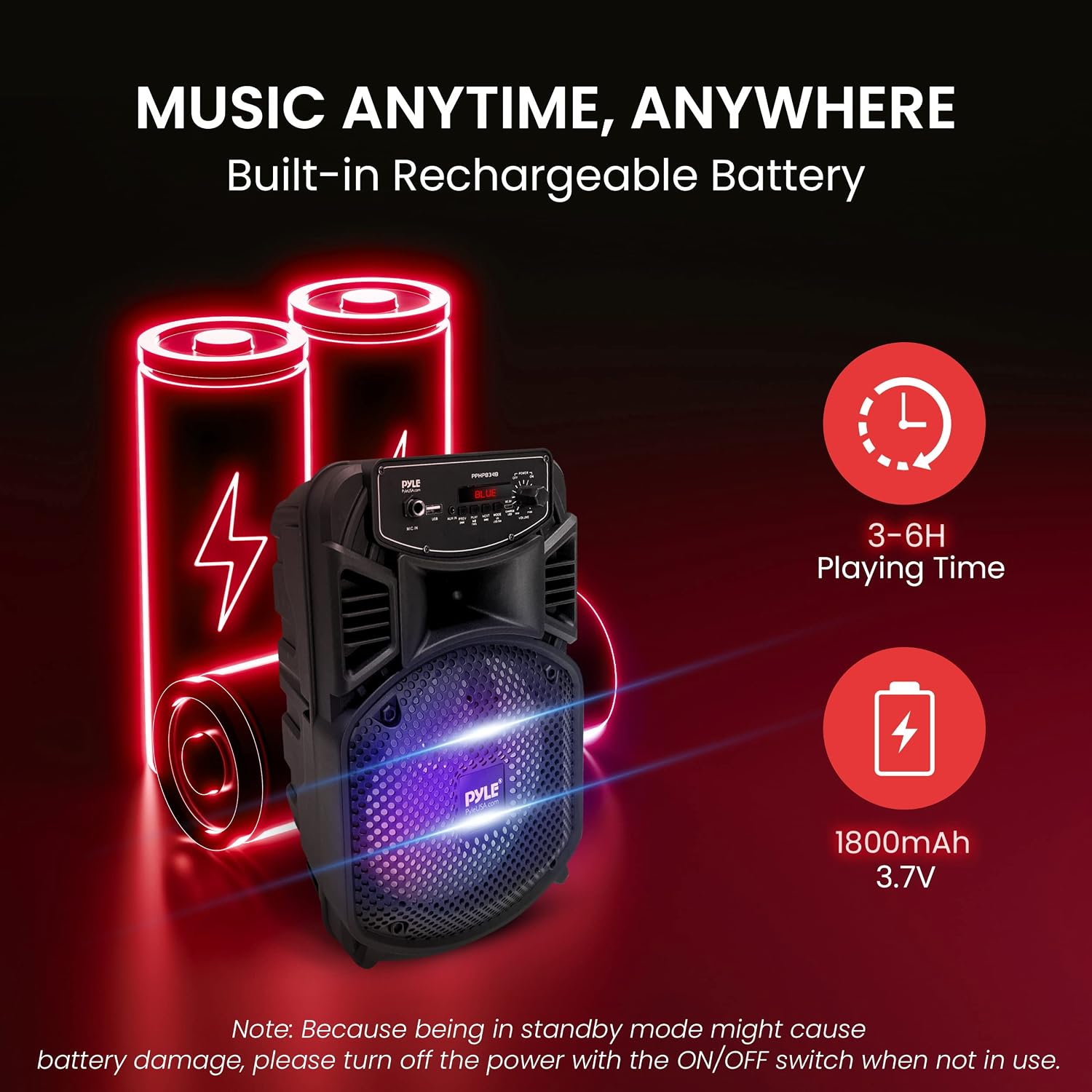 PARLANTE PORTÁTIL PYLE 8' BLUETOOTH 300W CON LUCES LED Y BATERÍA RECARGABLE - 5