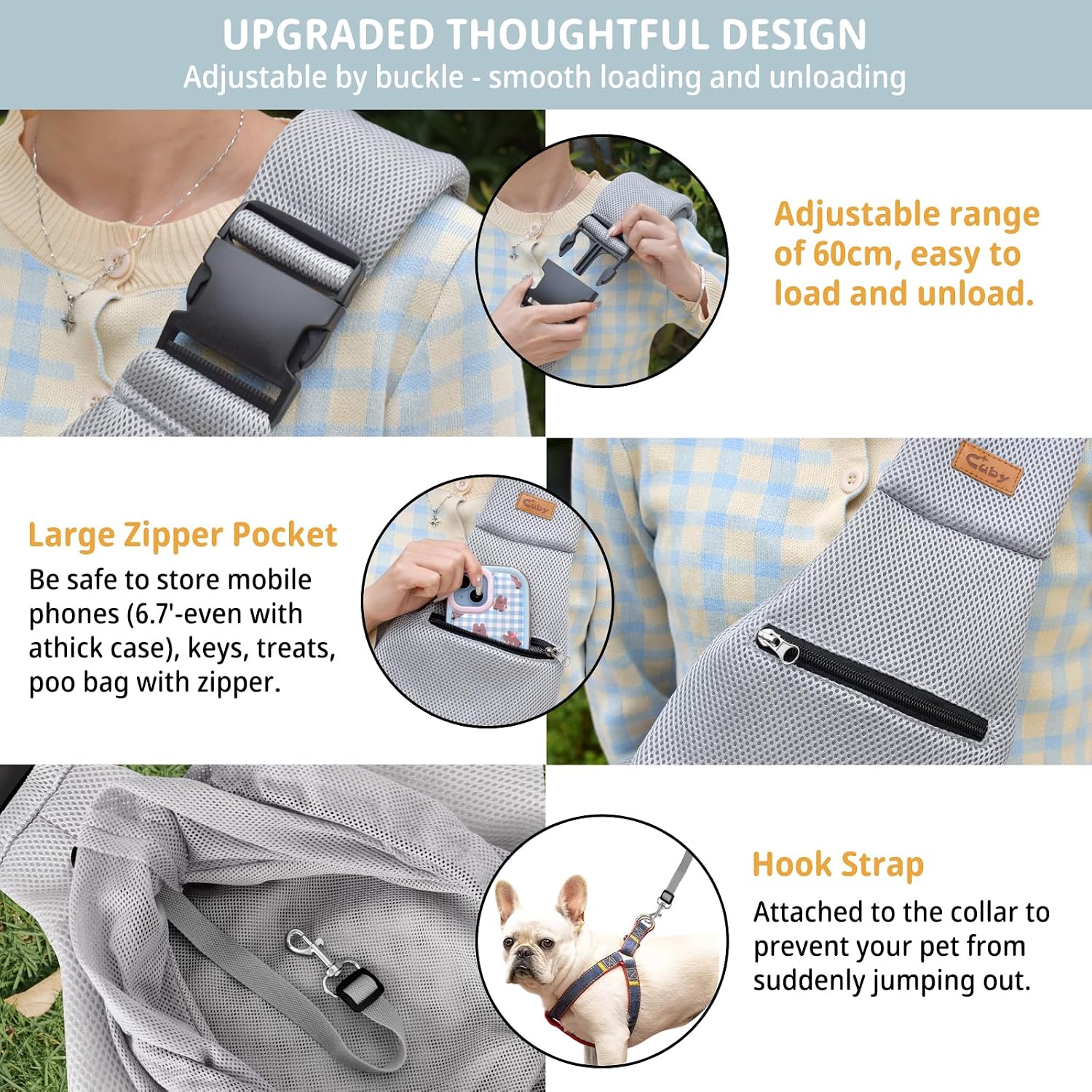 MOCHILA PORTADOR CUBY PARA PERROS Y GATOS GRIS MALLA AJUSTABLE - 2