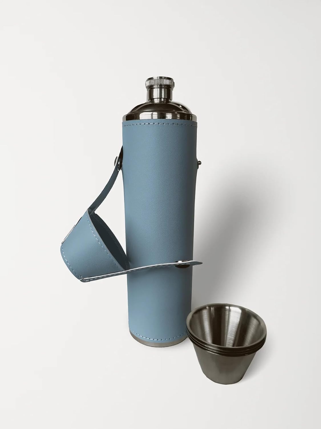 FRASCO BIRDIE BOTTLE 12OZ ACERO INOXIDABLE CON 4 VASOS DE TRAGO EN TAPA Y ESTUCHE DE CUERO - 1