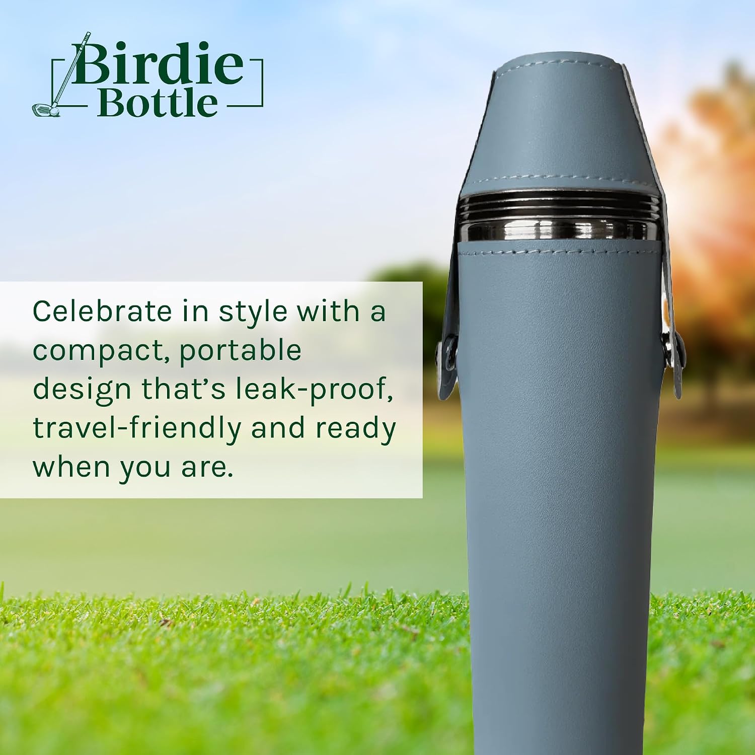 FRASCO BIRDIE BOTTLE 12OZ ACERO INOXIDABLE CON 4 VASOS DE TRAGO EN TAPA Y ESTUCHE DE CUERO - 3