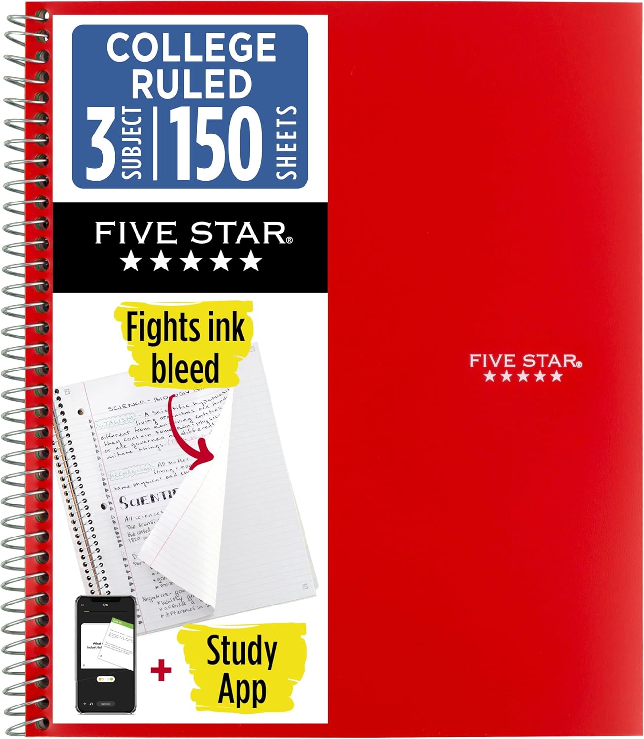 CUADERNO ESPIRAL FIVE STAR 3 MATERIAS RAYADO TAMAÑO CARTA ROJO FUEGO - 1