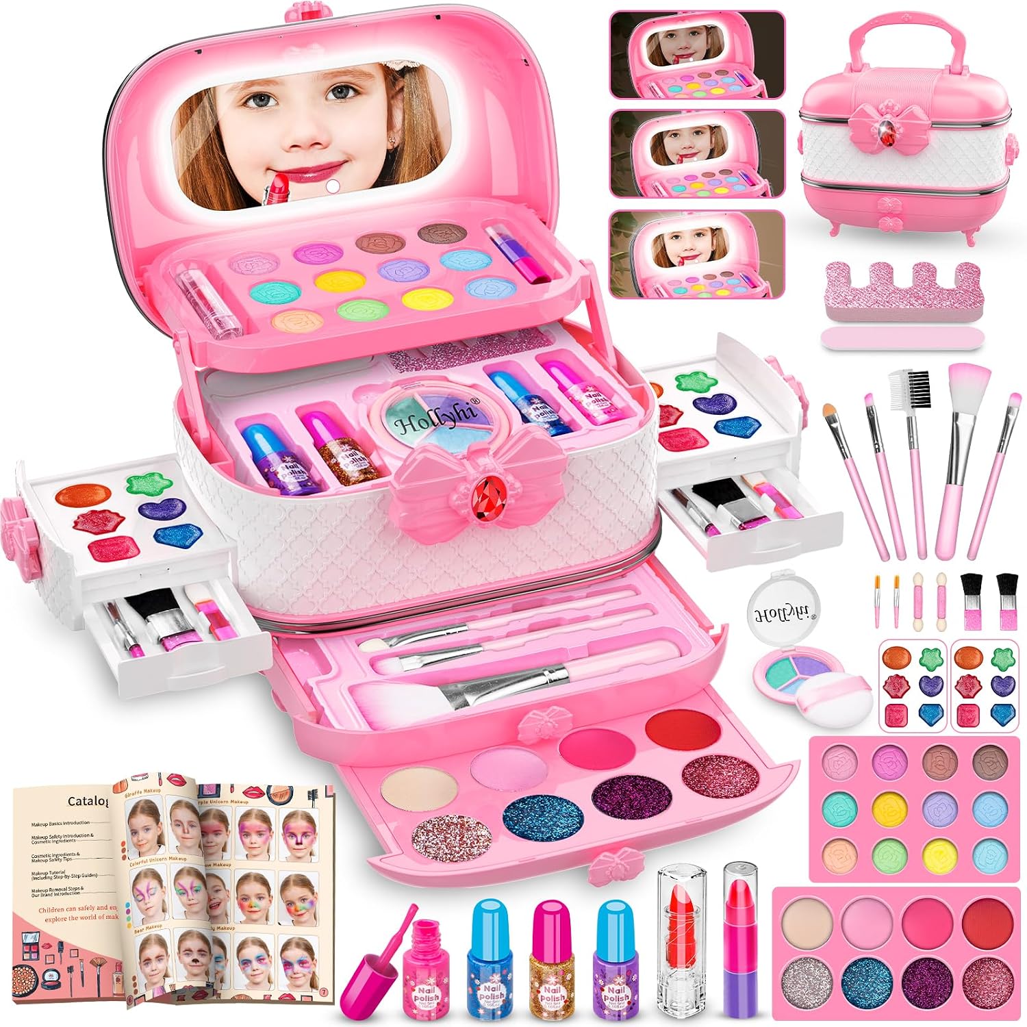 KIT DE MAQUILLAJE PARA NIÑAS HOLLYHI 58 PIEZAS CON ESPEJO ILUMINADO - 1