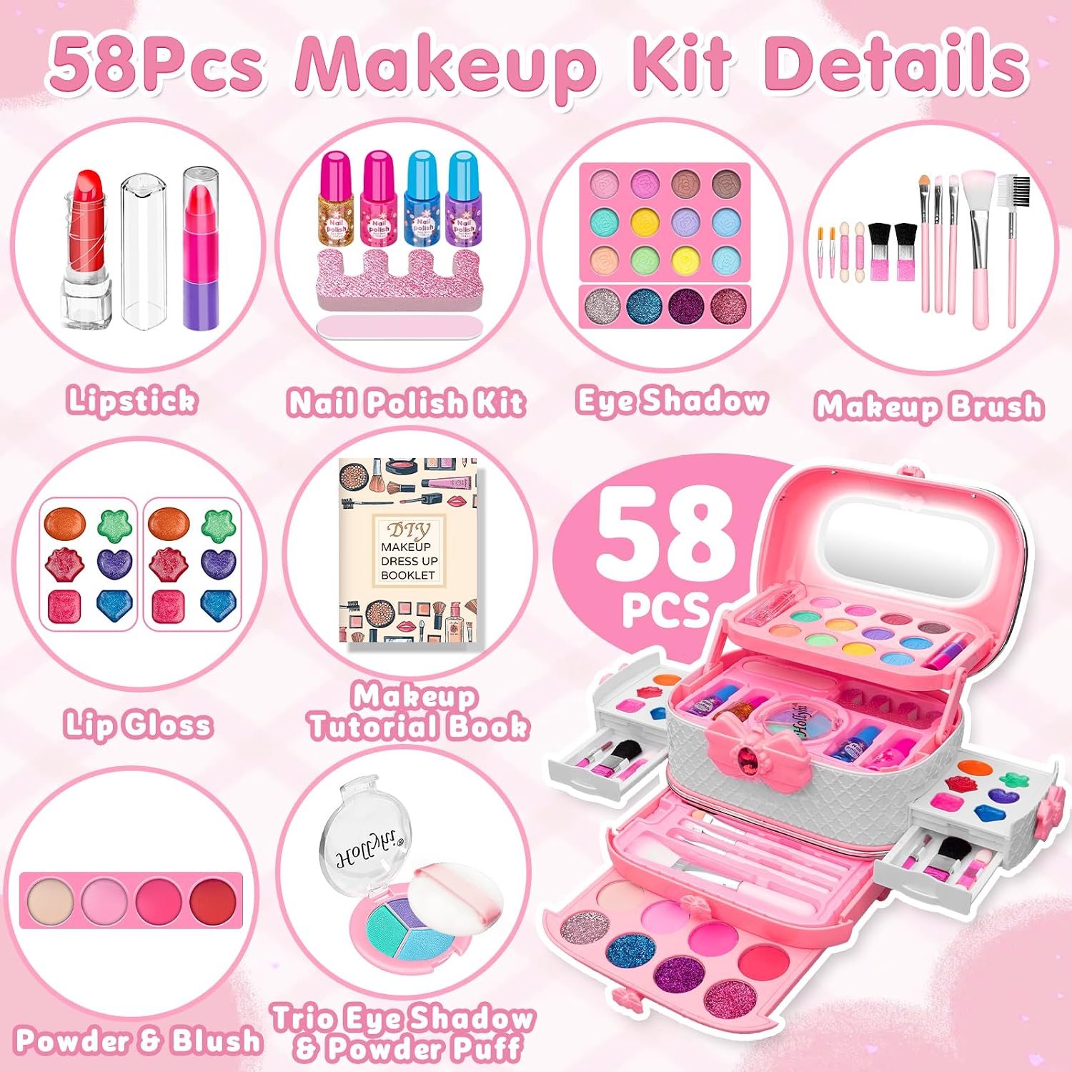 KIT DE MAQUILLAJE PARA NIÑAS HOLLYHI 58 PIEZAS CON ESPEJO ILUMINADO - 2