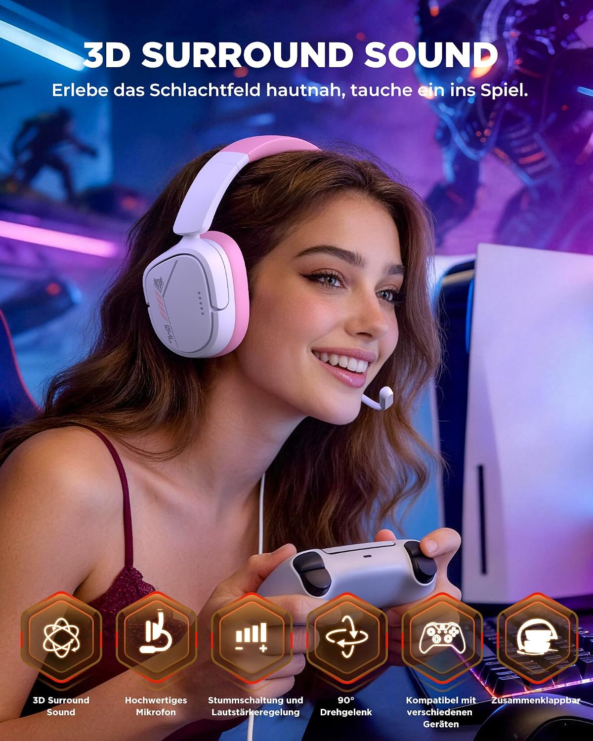 AUDÍFONO GAMING NUBWO HG04L PARA PS5/PS4/XBOX SERIES X|S/SWITCH ROSA - 2
