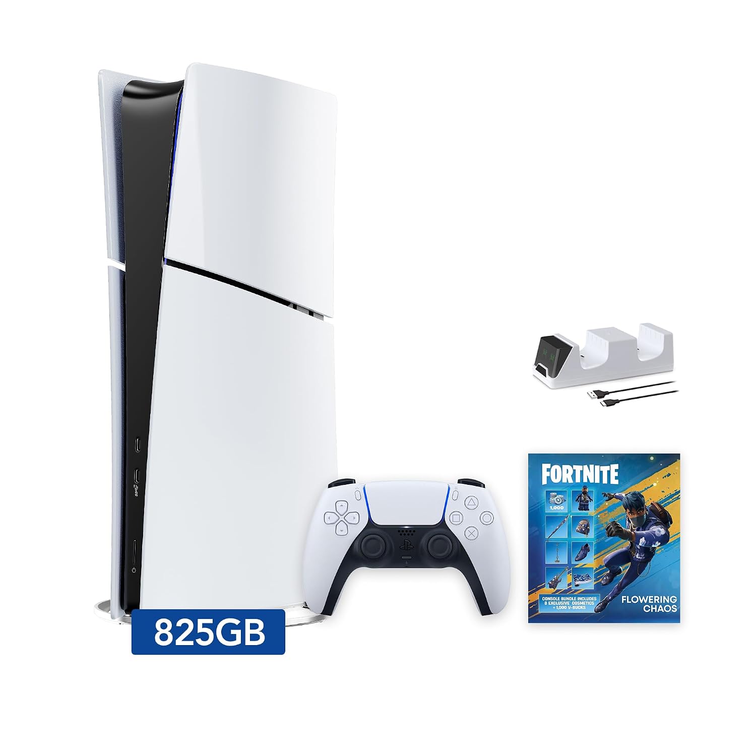 CONSOLA PLAYSTATION 5 SLIM DIGITAL EDITION 825GB FORTNITE FLOWERING CHAOS BUNDLE CON CARGADOR MYTRIX BLANCO - 1