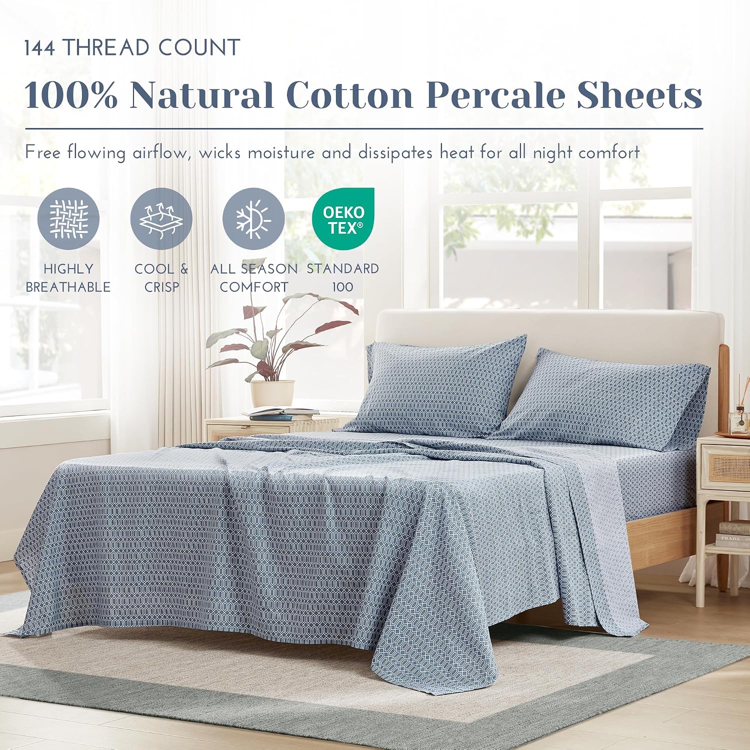 JUEGO DE SÁBANAS COMFORT SPACES 100% ALGODÓN PERCALE KING AZUL DIAMANTE 4 PIEZAS - 2