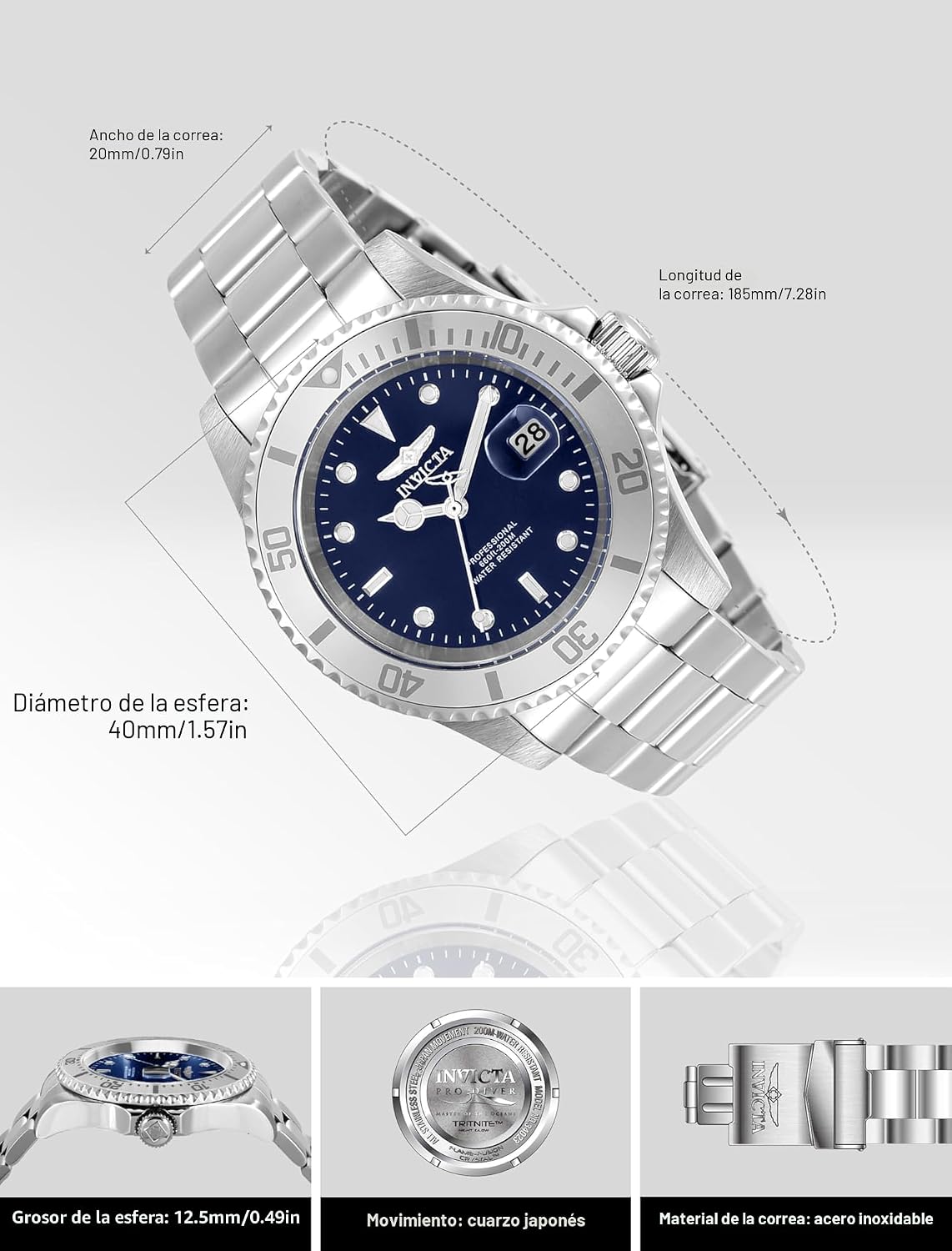 RELOJ INVICTA PRO DIVER 40MM ESFERA AZUL ACERO INOXIDABLE PLATEADO HOMBRE - 3