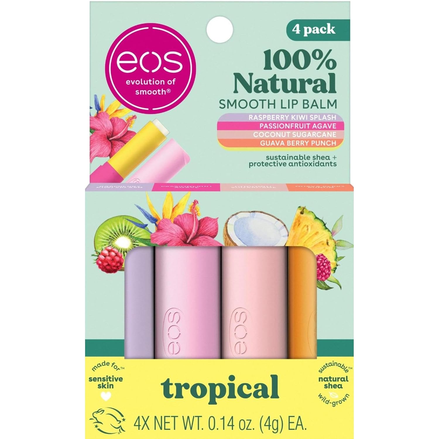 BÁLSAMO LABIAL EOS 100% NATURAL PACK 4 UNIDADES SABORES TROPICALES - 1