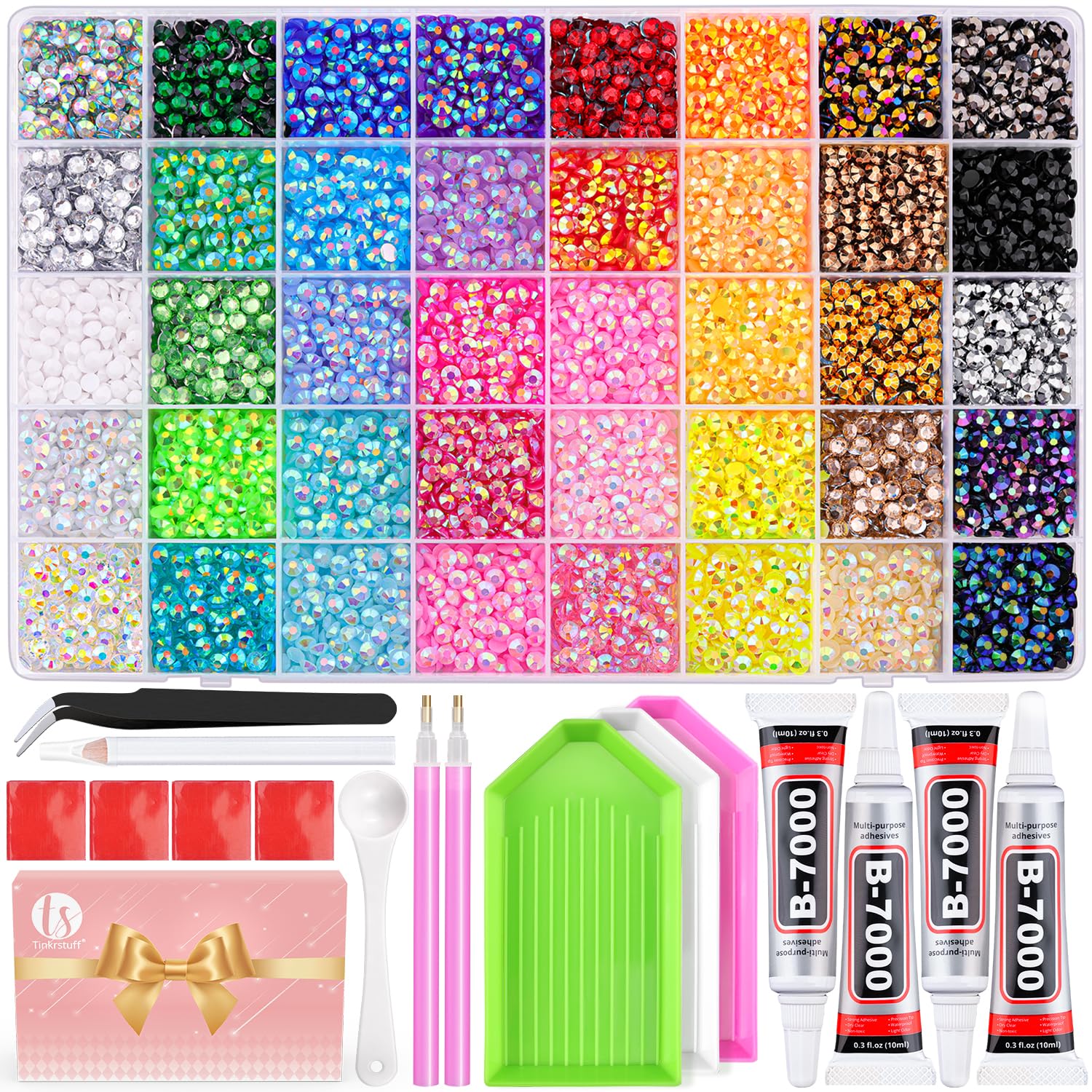 KIT DE DECORACIÓN DE UÑAS TINKRSTUFF 10000 PIEDRAS RHINESTONE 5MM MULTICOLOR CON PEGAMENTO B7000 - 1