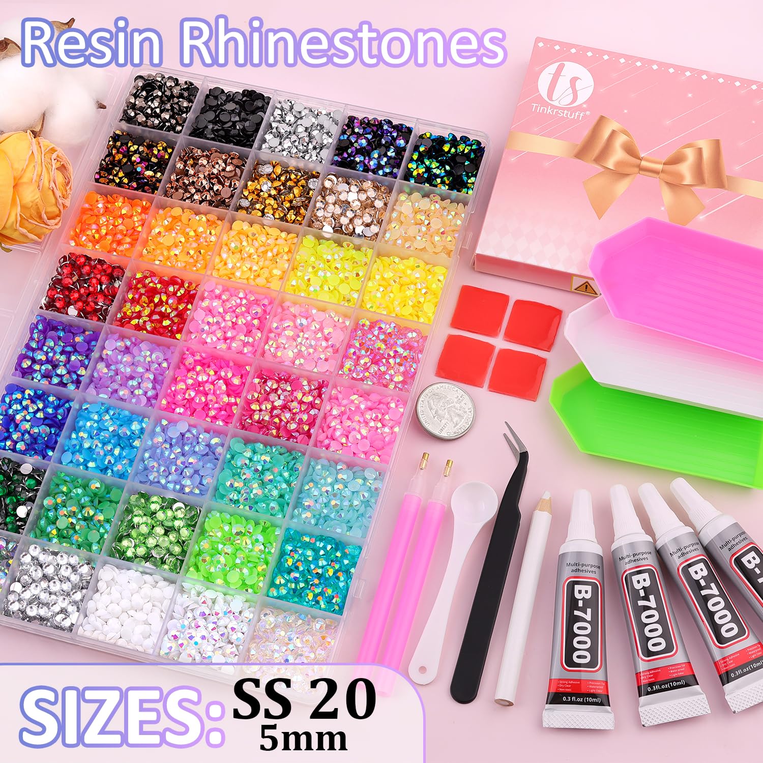 KIT DE DECORACIÓN DE UÑAS TINKRSTUFF 10000 PIEDRAS RHINESTONE 5MM MULTICOLOR CON PEGAMENTO B7000 - 2