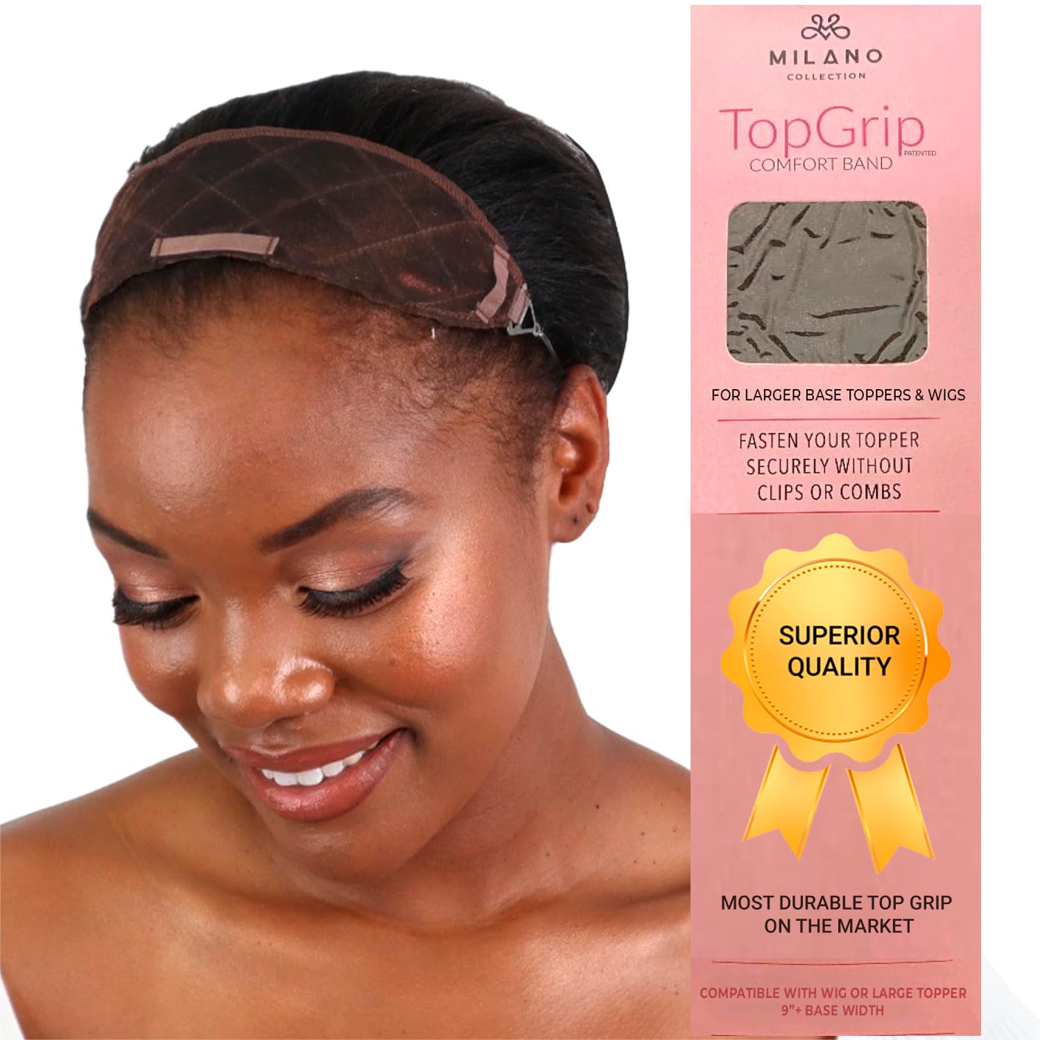 BANDA SUJETADORA TOPGRIP MILANO COLLECTION PARA PELUCAS Y POSTIZOS, TALLA GRANDE, COLOR MARRÓN - 1