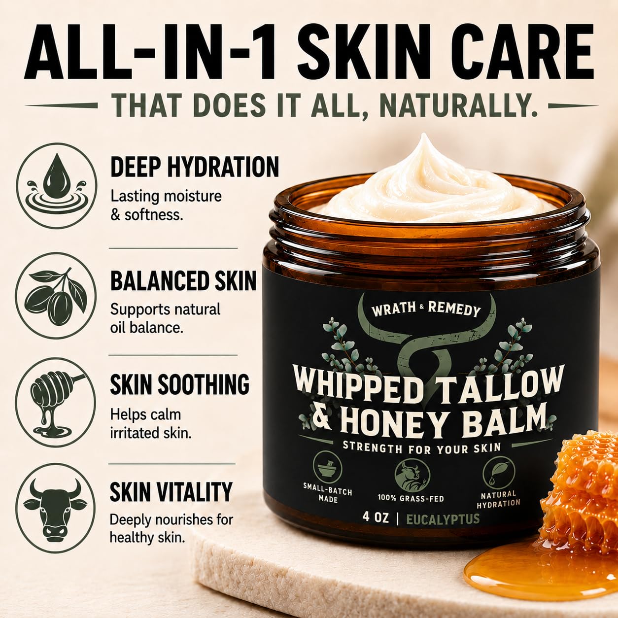 BÁLSAMO CORPORAL WRATH Y REMEDY SEBO DE RES Y MIEL TEXTURA BATIDA 4 OZ - 5