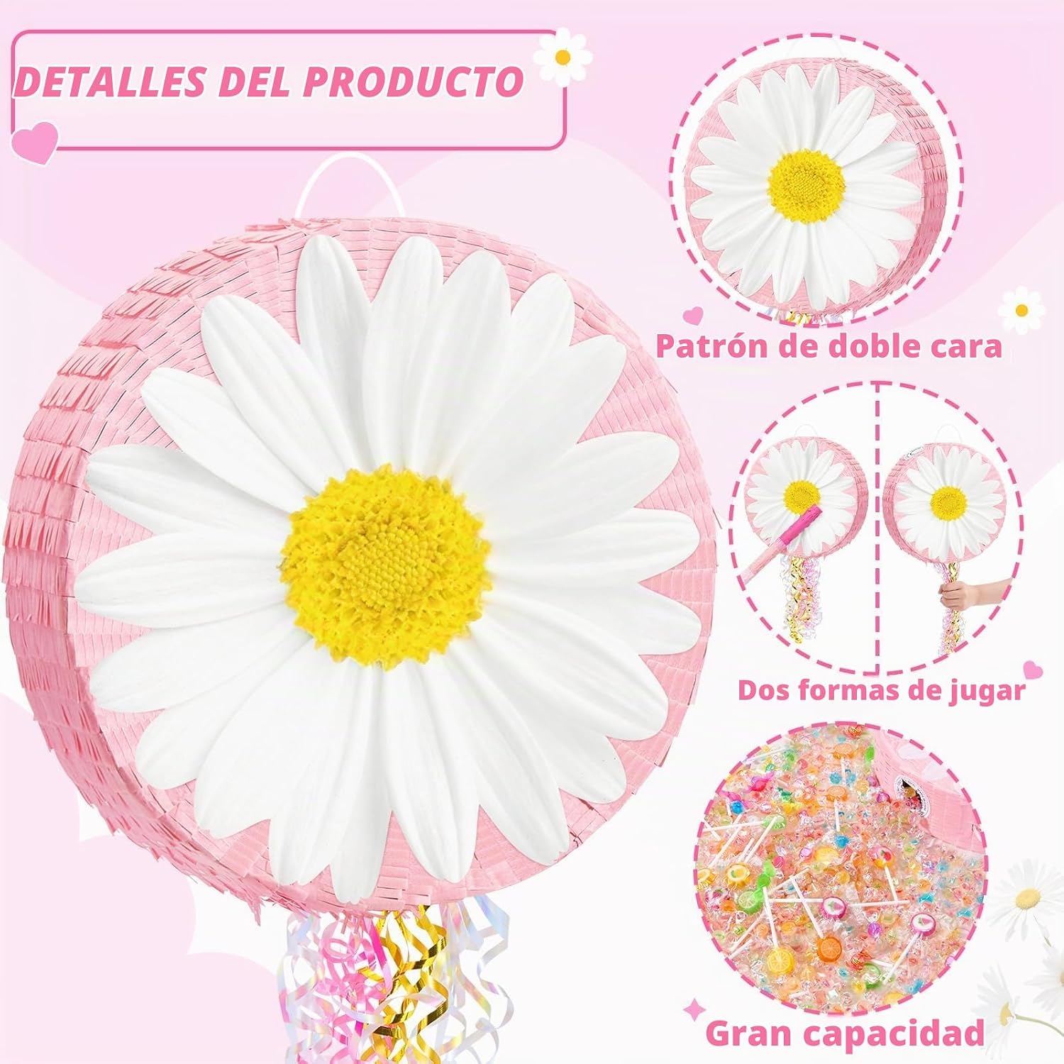 PIÑATA FLOR MARGARITA WERNNSAI ROSA CON BASTÓN Y ANTIFAZ - 4