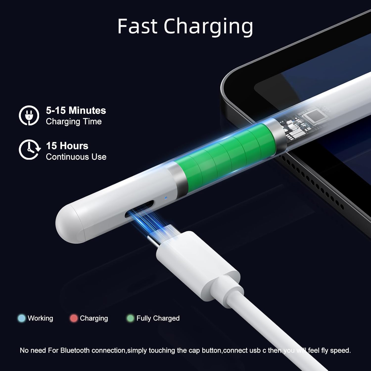 LÁPIZ STYLUS JAMJAKE PARA IPAD 6ª A 11ª GENERACIÓN CARGA RÁPIDA RECHAZO DE PALMA BLANCO - 3