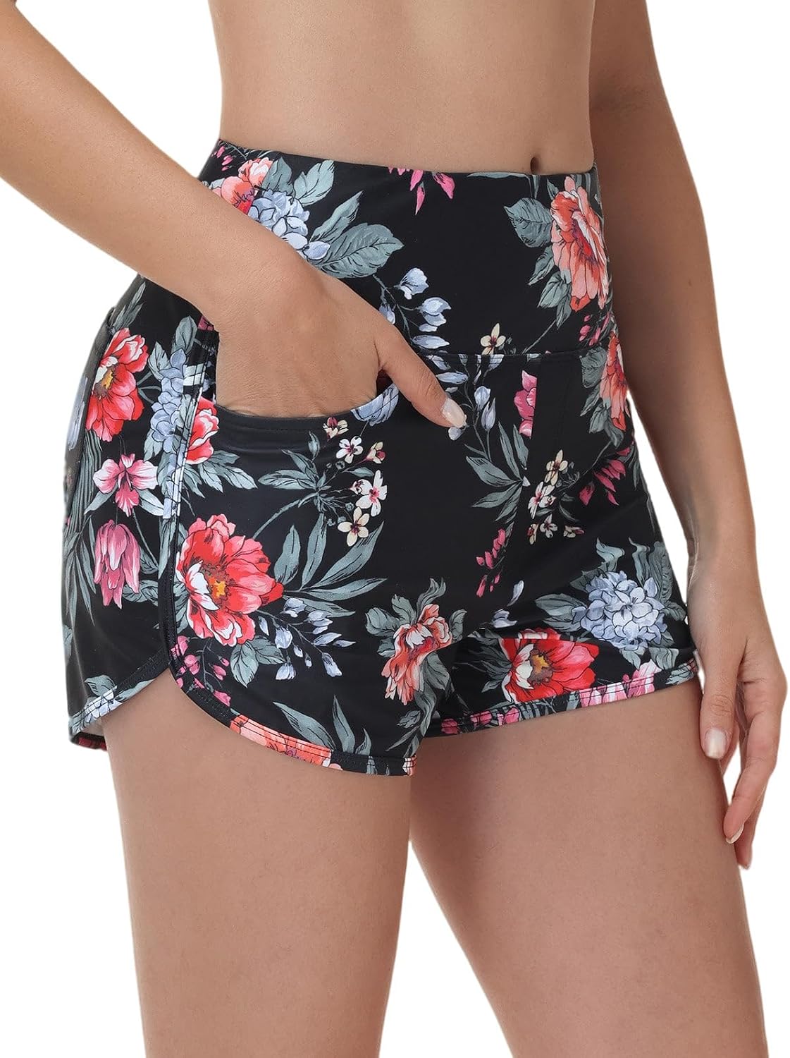 PANTALONES CORTOS DE BAÑO MUJER BALEAF 3 PULGADAS CINTURA ALTA FLORAL ROJO - 1