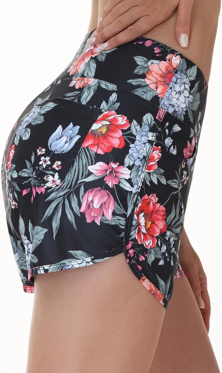 PANTALONES CORTOS DE BAÑO MUJER BALEAF 3 PULGADAS CINTURA ALTA FLORAL ROJO - 2