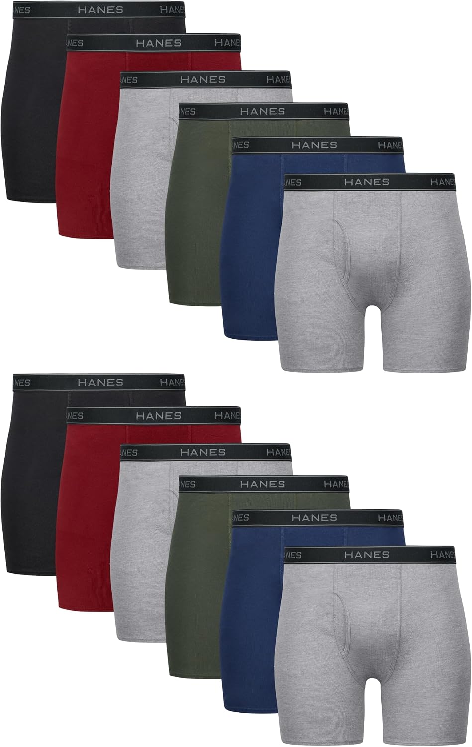 BOXERS PARA HOMBRE HANES 12 UNIDADES ALGODÓN NEGRO ROJO VERDE AZUL GRIS JASPEADO - 1