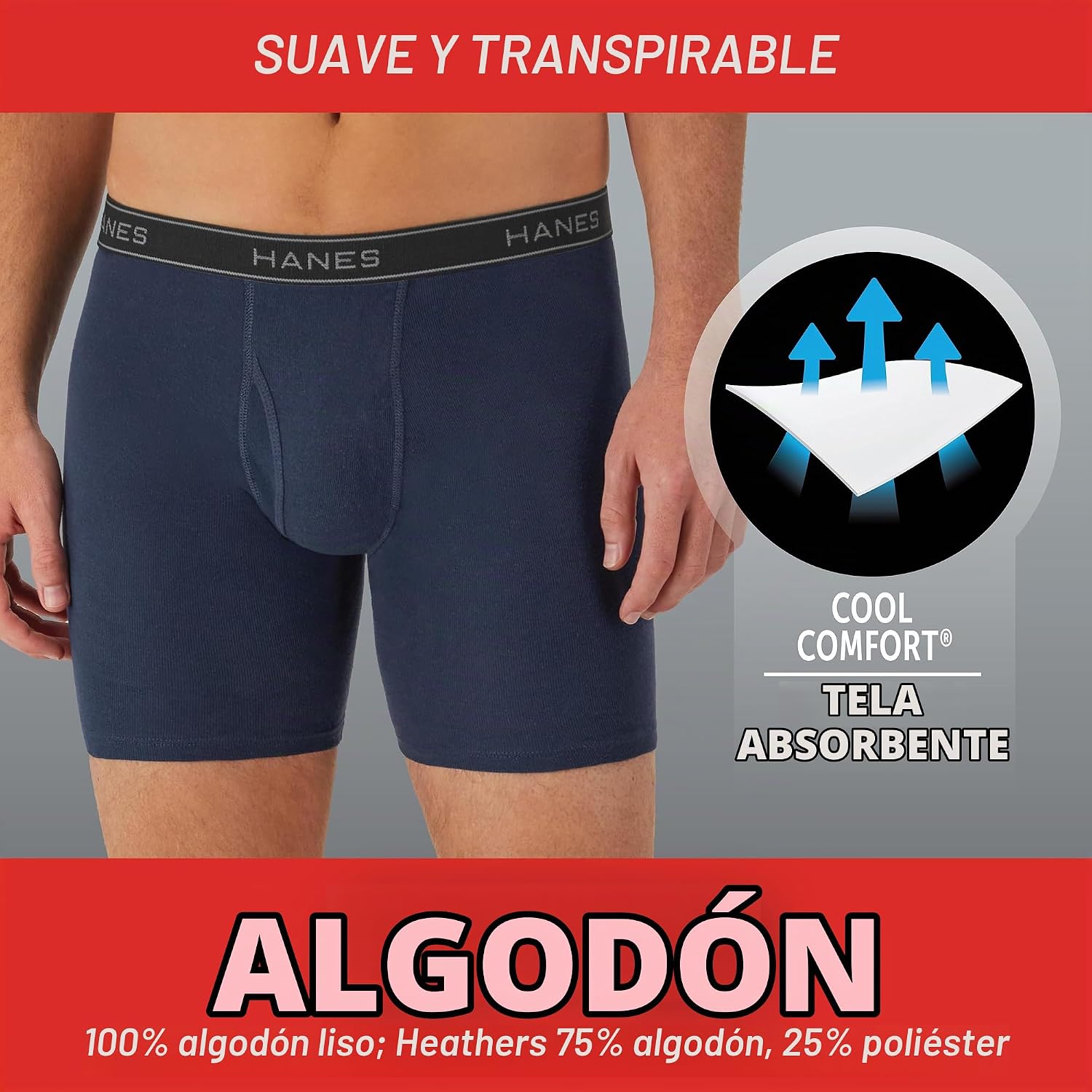 BOXERS PARA HOMBRE HANES 12 UNIDADES ALGODÓN NEGRO ROJO VERDE AZUL GRIS JASPEADO - 5