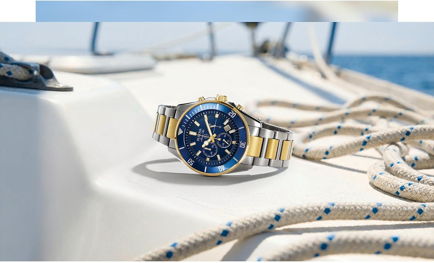 RELOJ DE PULSERA BULOVA MARINE STAR CRONÓGRAFO CUARZO BICOLOR DORADO ACERO 43MM AZUL 98B230 - 4