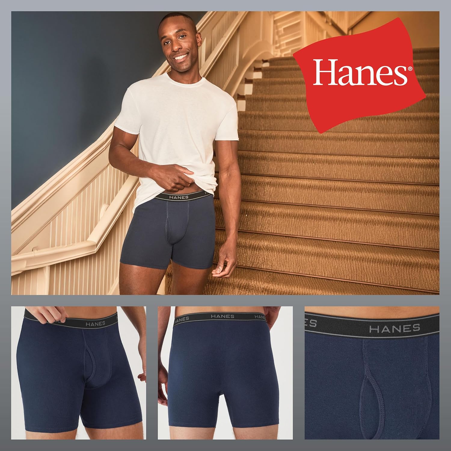 BOXERS PARA HOMBRE HANES 6 UNIDADES ALGODÓN FRESCO Y TRANSPIRABLE AZUL JASPEADO ROJO NEGRO - 2