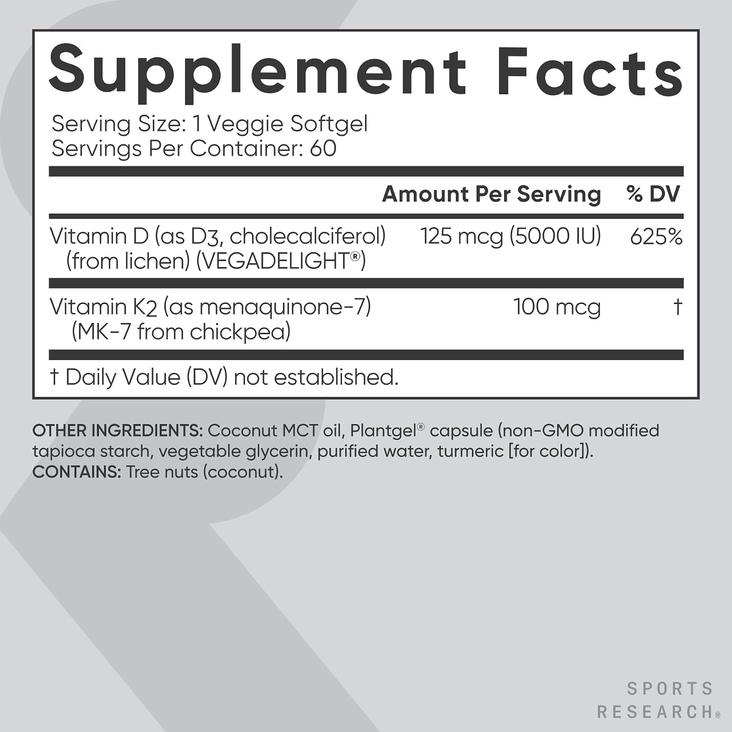 VITAMINA D3 + K2 VEGANA SPORTS RESEARCH 60 CÁPSULAS BLANDAS CON ACEITE DE COCO - 5